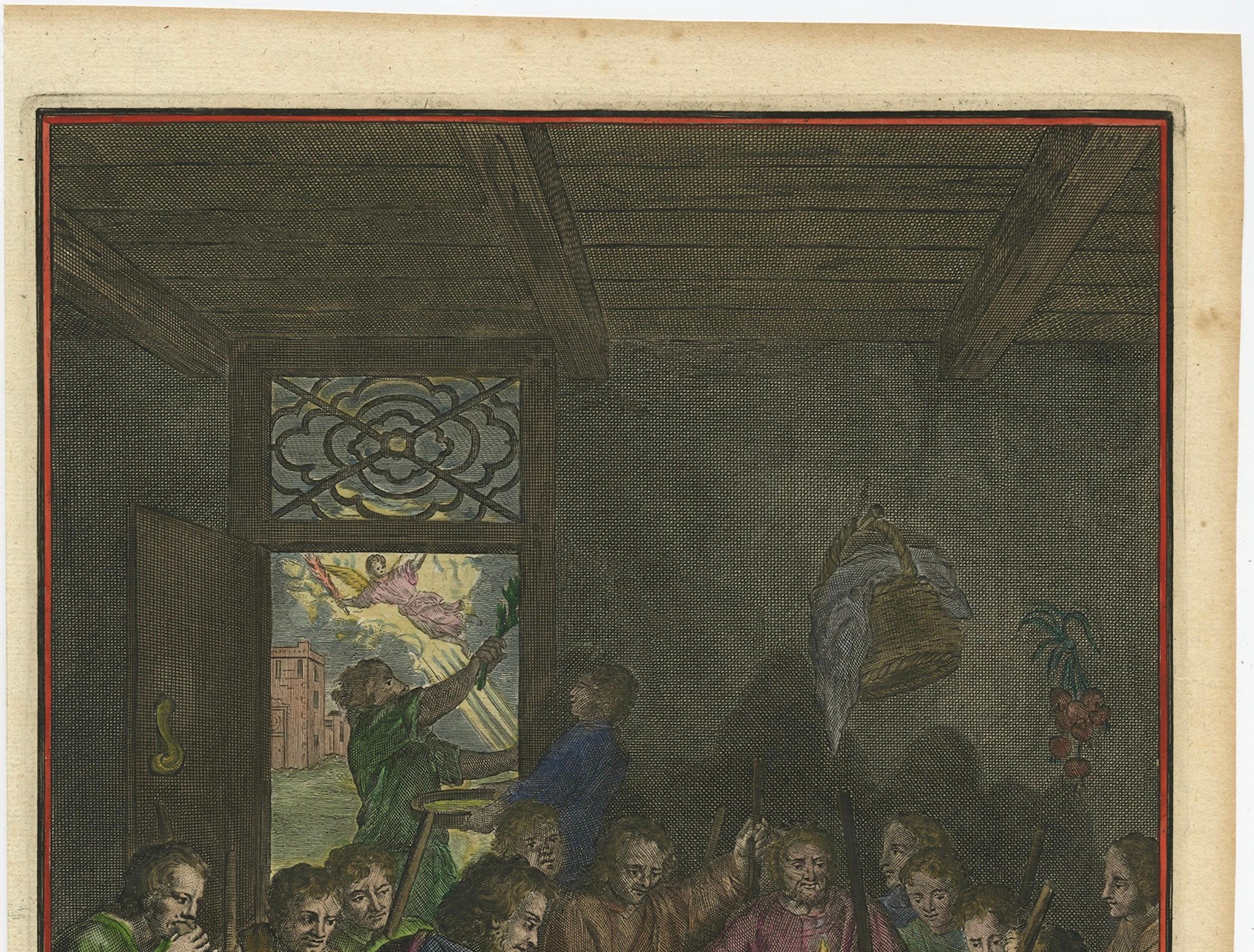 The Israelites Eat the Passover – Antique Hand-Coloured Engraving by J. de Later, c.1725

This finely hand-coloured engraving depicts the biblical Passover meal, or Pesach, as described in Exodus XII:1–27. A group of Israelites is shown gathered