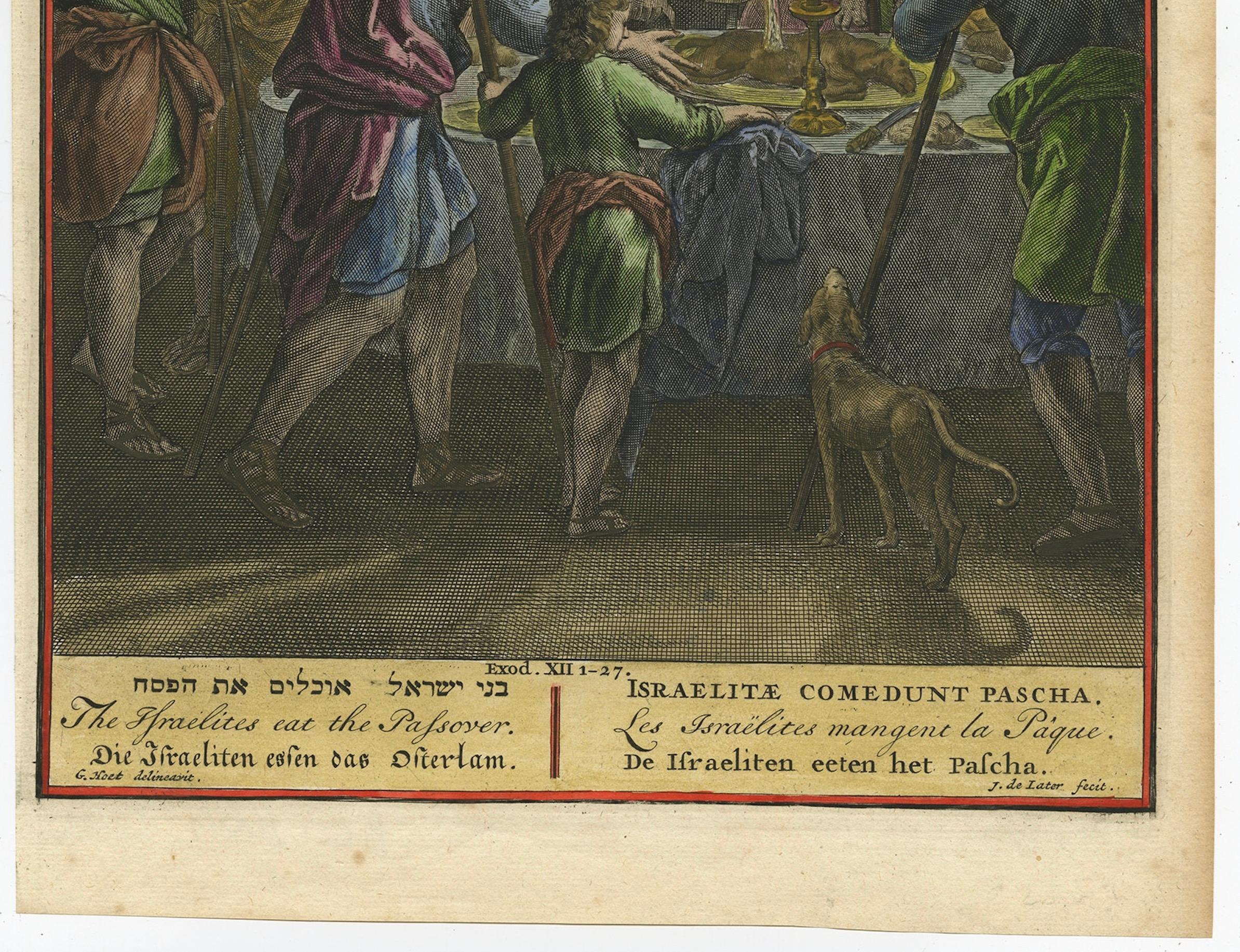 Dutch Israelites at the Paschal Meal – Hand-Coloured Bible Engraving, 18th Century For Sale