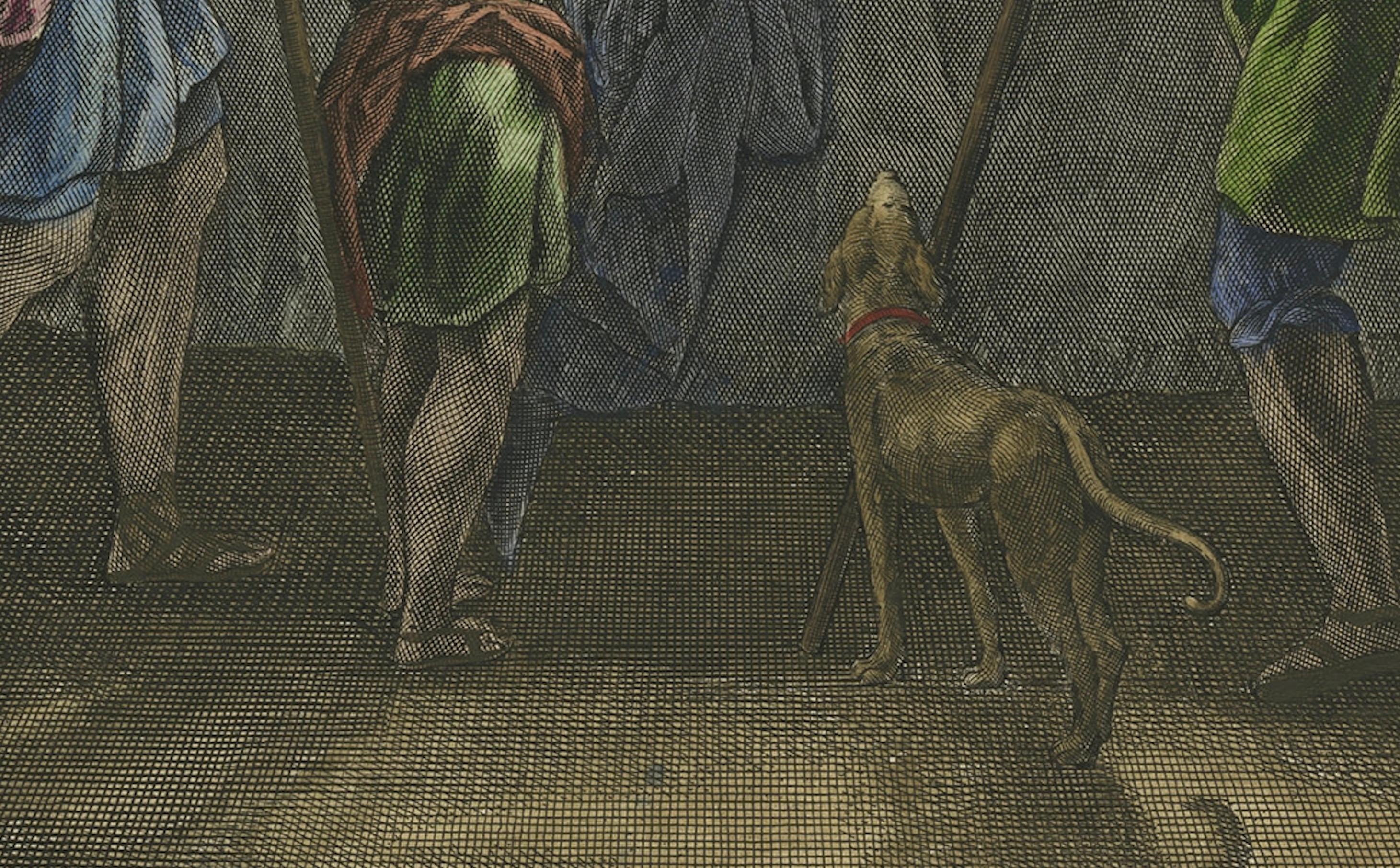 Engraved Israelites at the Paschal Meal – Hand-Coloured Bible Engraving, 18th Century For Sale