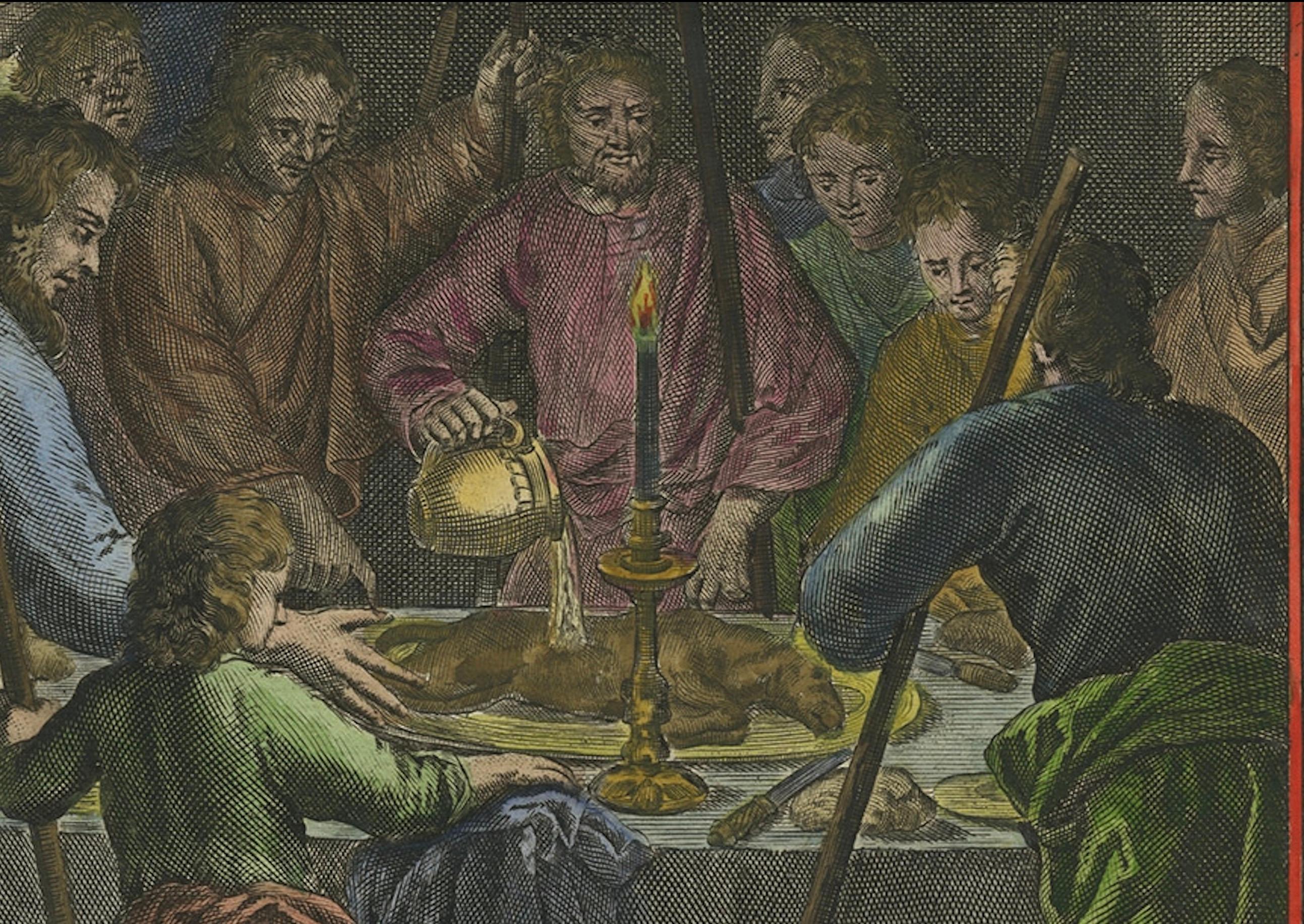 Israelites at the Paschal Meal – Hand-Coloured Bible Engraving, 18th Century In Good Condition For Sale In Langweer, NL