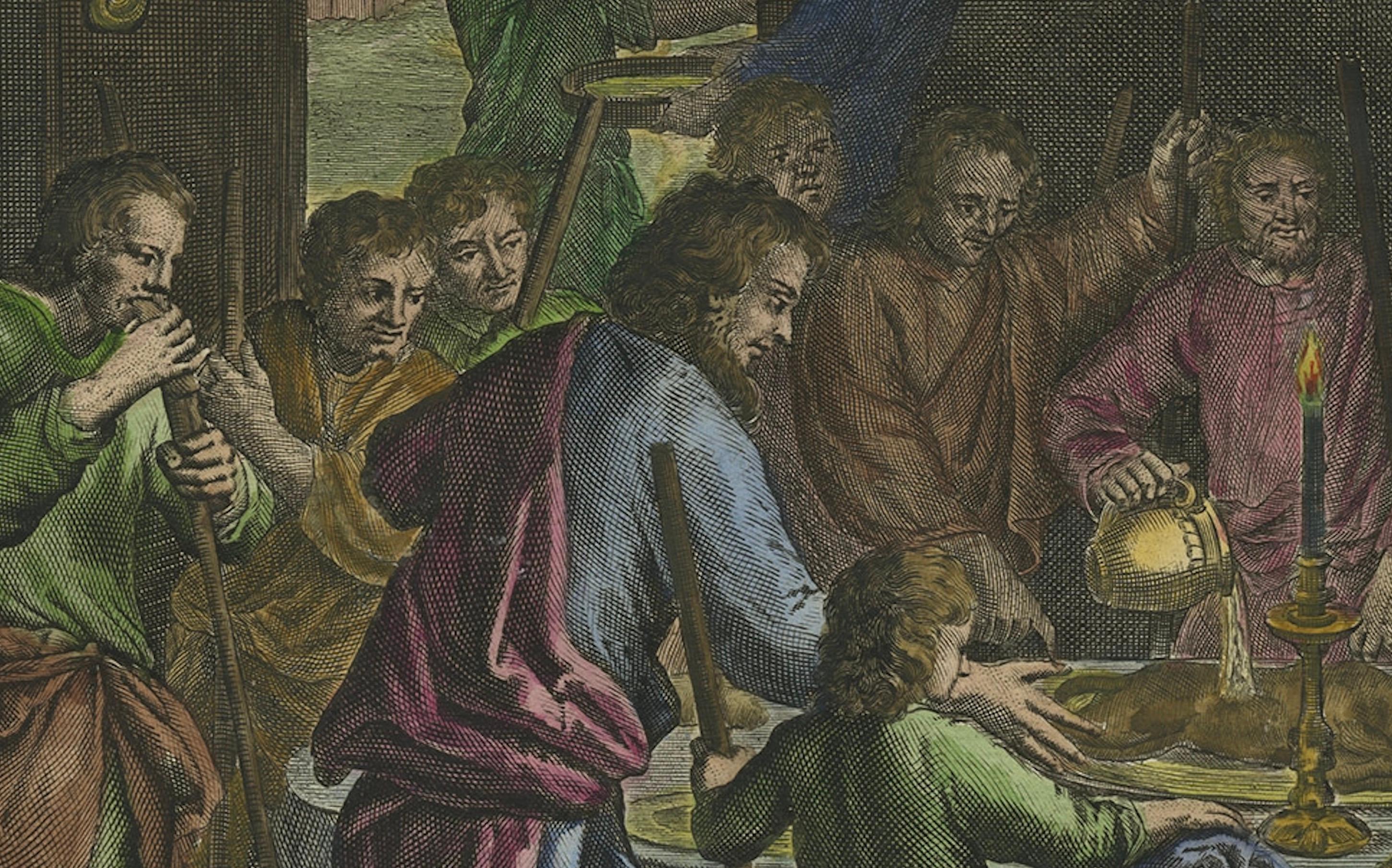 Paper Israelites at the Paschal Meal – Hand-Coloured Bible Engraving, 18th Century For Sale