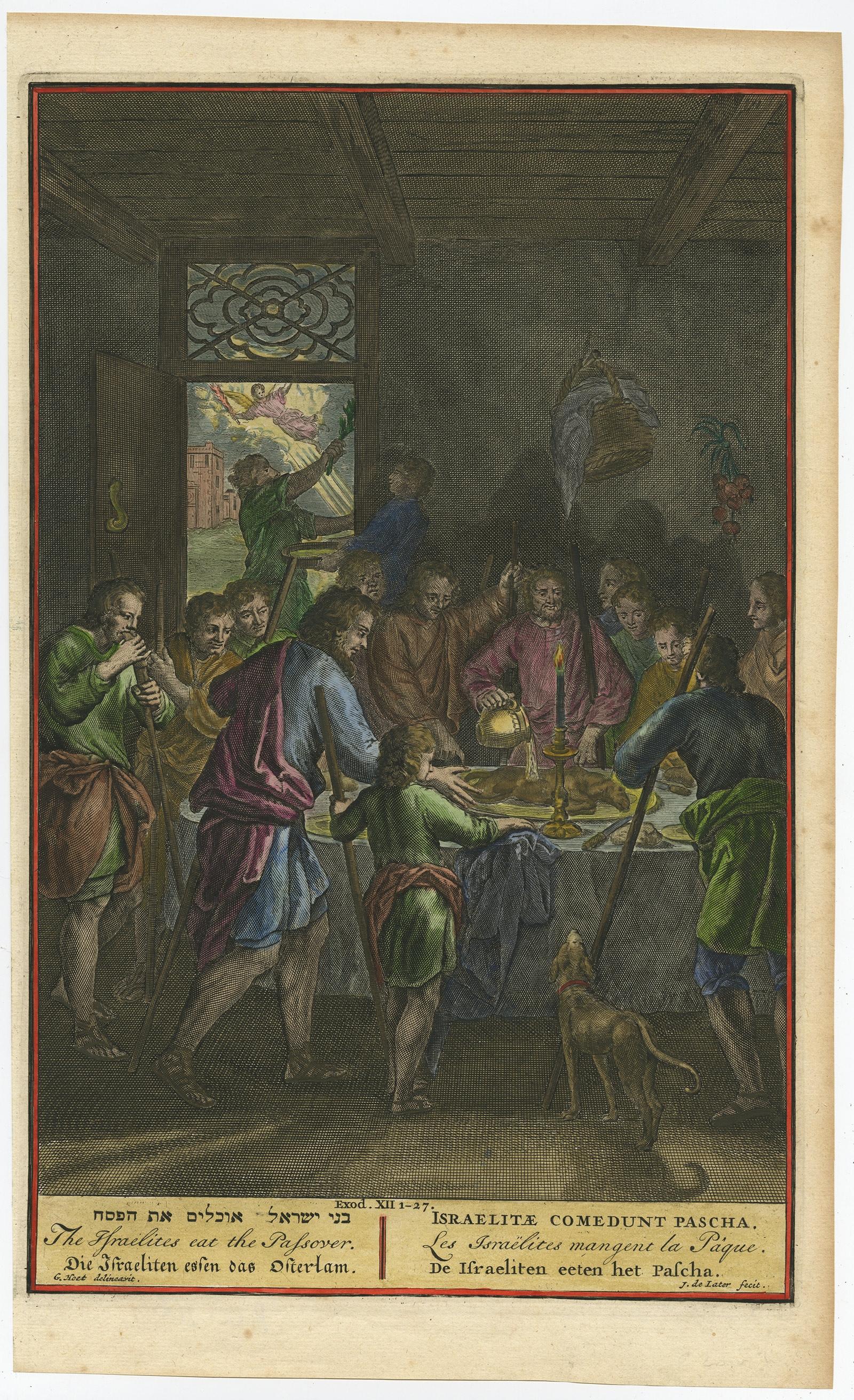 Israelites at the Paschal Meal – Hand-Coloured Bible Engraving, 18th Century For Sale 2