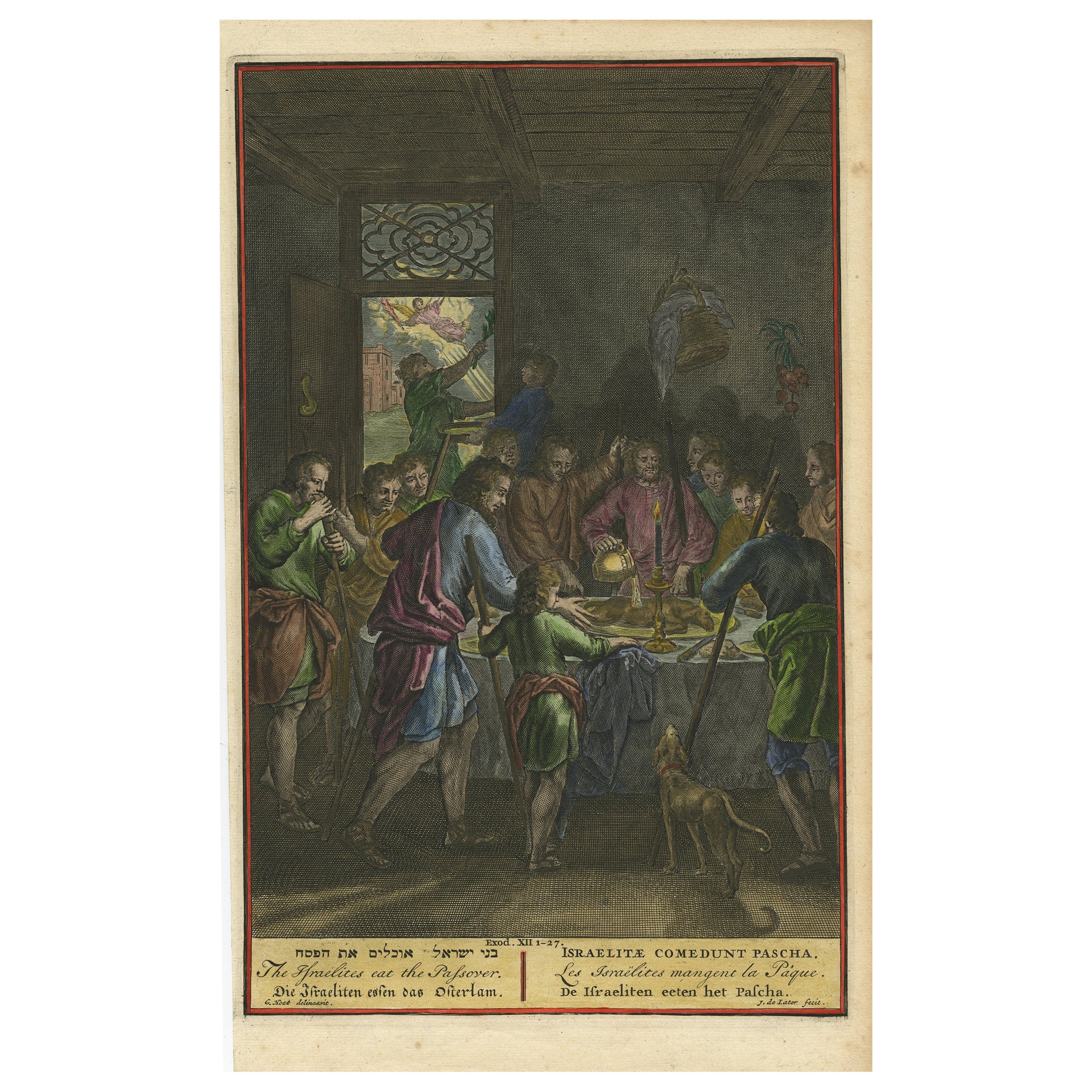 Les Israélites au repas pascal - Gravure biblique coloriée à la main, 18e siècle