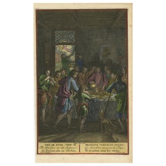 Israelites at the Paschal Meal – Hand-Coloured Bible Engraving, 18th Century