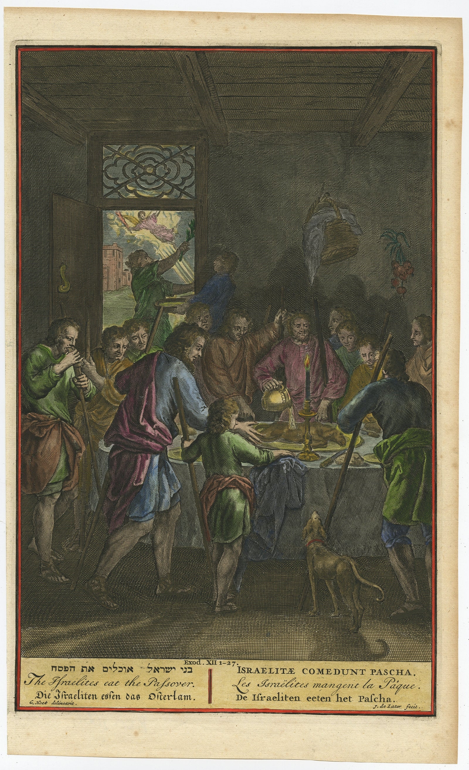 Israelites at the Paschal Meal – Hand-Coloured Bible Engraving, 18th Century For Sale