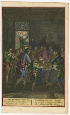 Israelites at the Paschal Meal – Hand-Coloured Bible Engraving, 18th Century