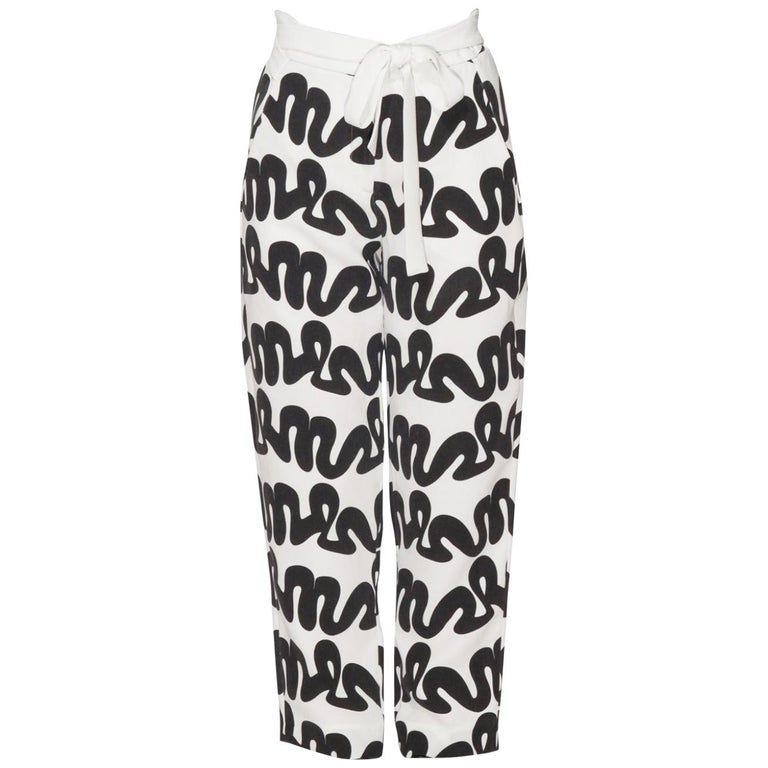 Issa Black and White Squiggle Print Waist Tie Detail Ola Pants S at 1stDibs