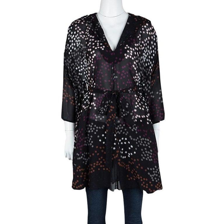 Issa Black Leaf Printed Silk Oversized Belted Hooded Tunic M For Sale ...