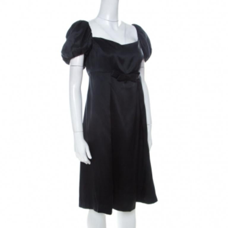 Issa Schwarzes Seidenkleid mit Puffärmeln und Schleifendetail vorne Kurzes Kleid L im Angebot 2