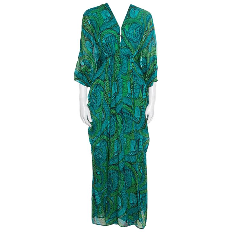 Issa Green Printed Silk Zip Front Ruched Maxi Dress S