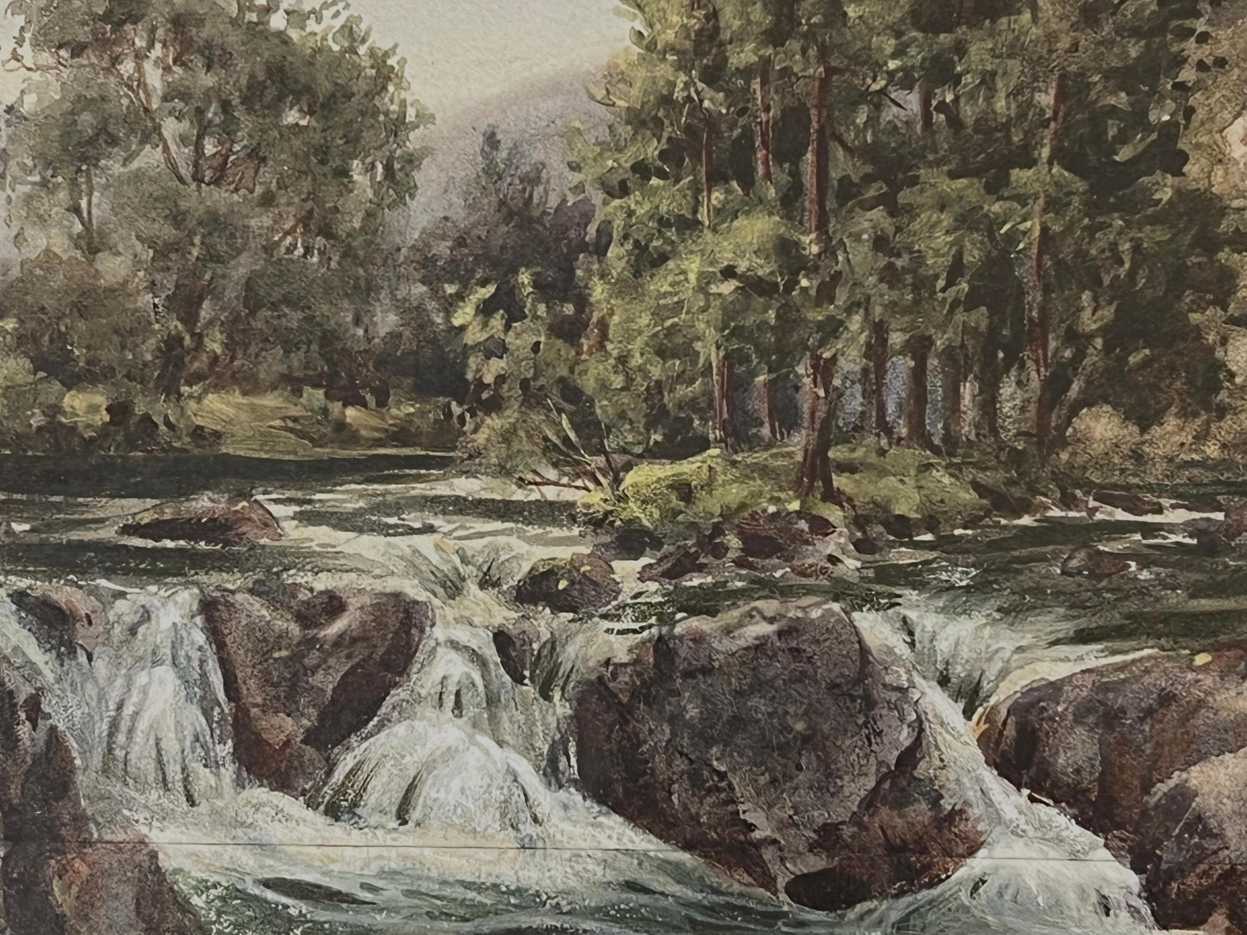 Belle aquarelle victorienne Pont y Pair Bettws-y-Coed Wales Waterfall - Painting de Issac Cooke