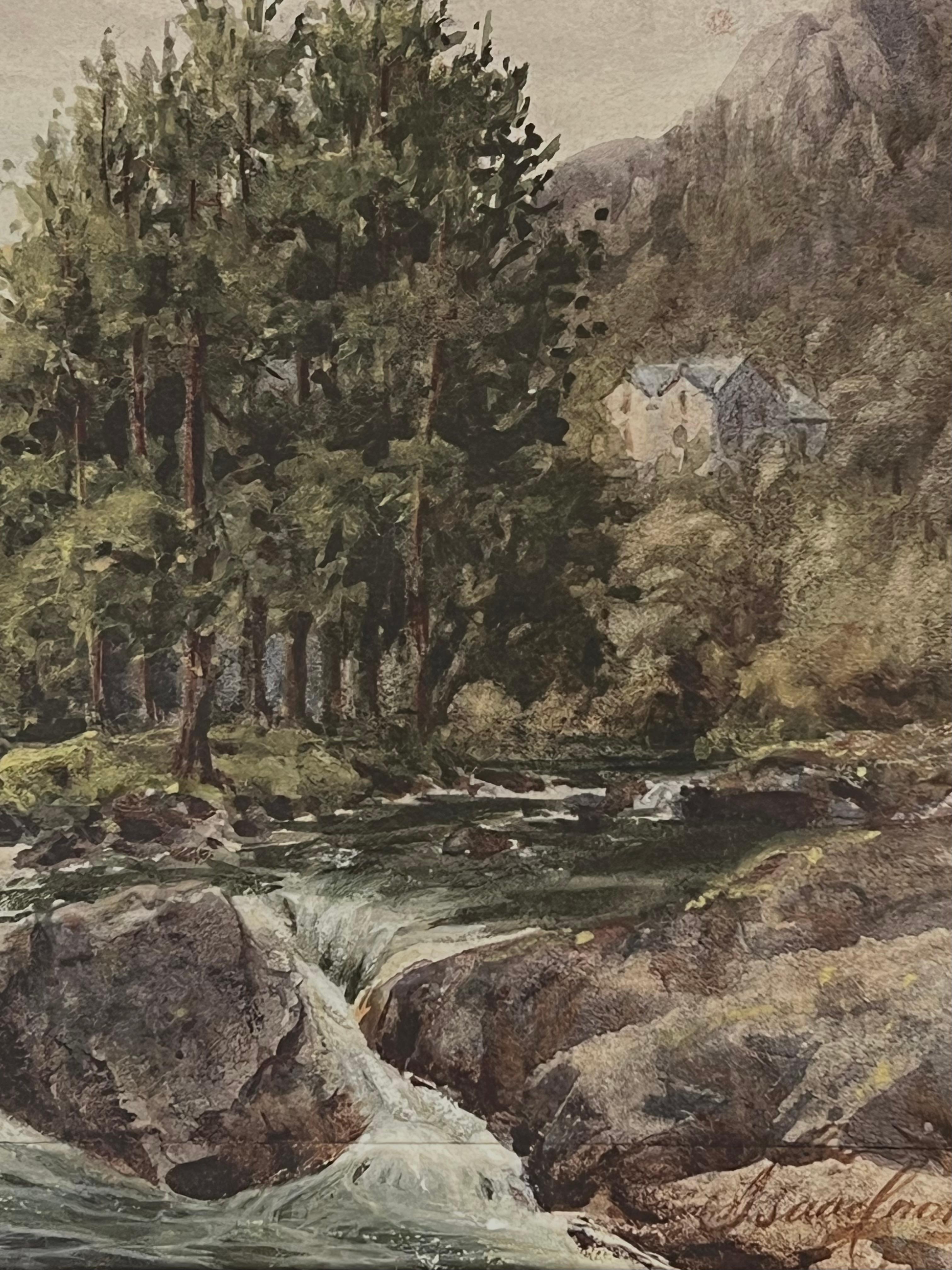 Belle aquarelle victorienne Pont y Pair Bettws-y-Coed Wales Waterfall - Victorien Painting par Issac Cooke