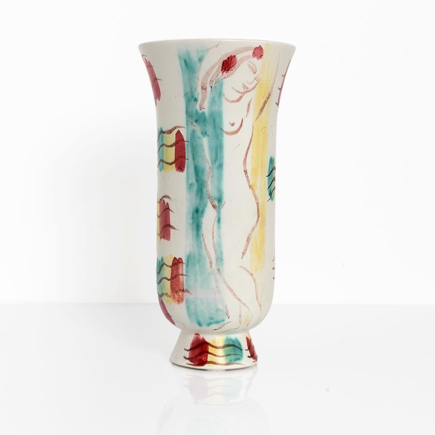 Hand painted vase by Swedish Expressionist artist Issac Grunewald. Grunewald was at the peak of his career when he created this piece on a form designed by his protege Carl-Harry Stalhane. The collaboration continued until Grunewald’s tragic death