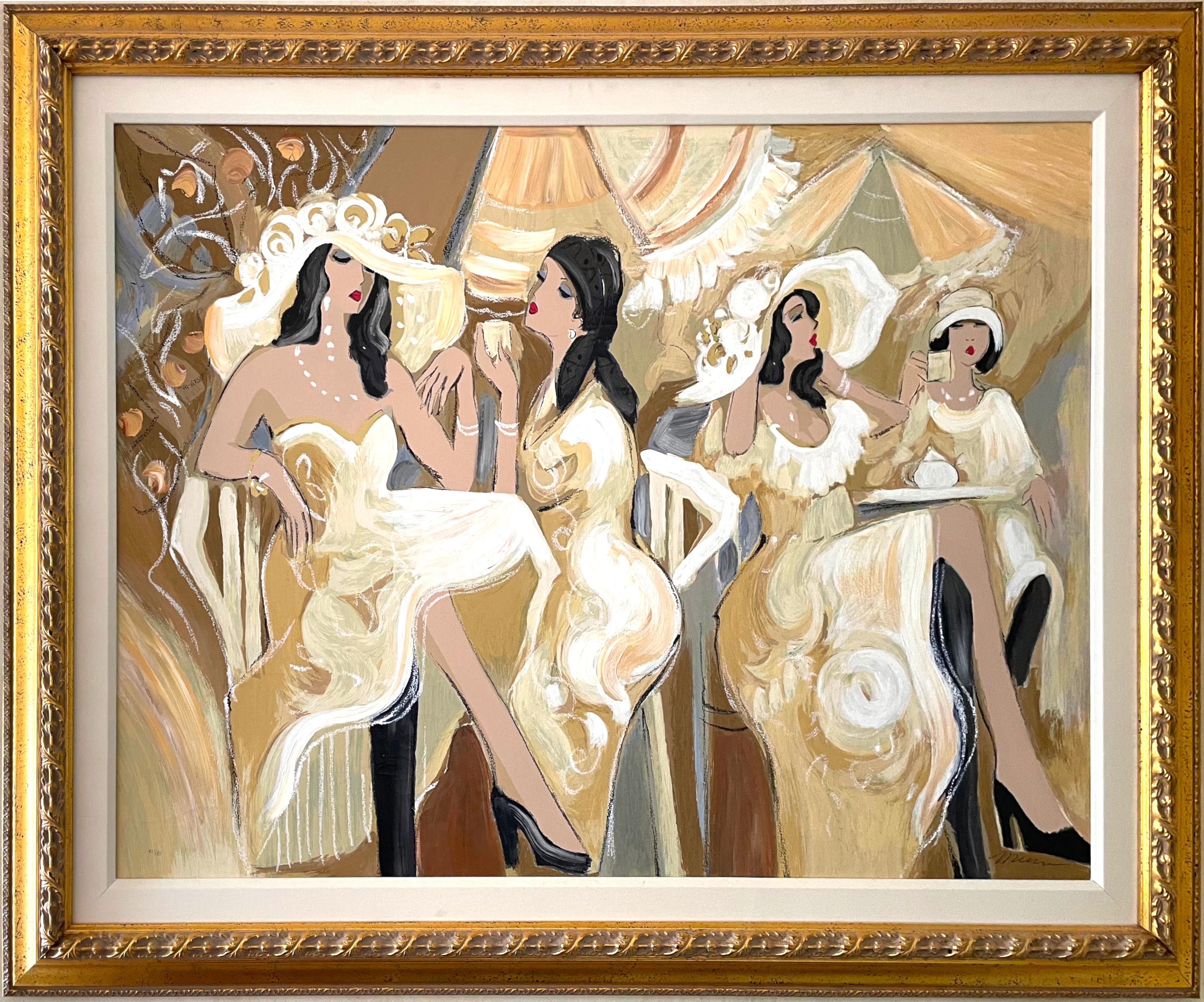 
Issac Maimon, (israeliano, nato nel 1951) Quattro signore al caffè
Serigrafia su tela, firmata a sinistra, numerata 42/180, a sinistra.
31,5 x 43 pollici (80,01 cm. x 109,22 cm.),
Complessivamente, 41 x 53,5 pollici (104,14 x 135,89 cm).
Rapporto