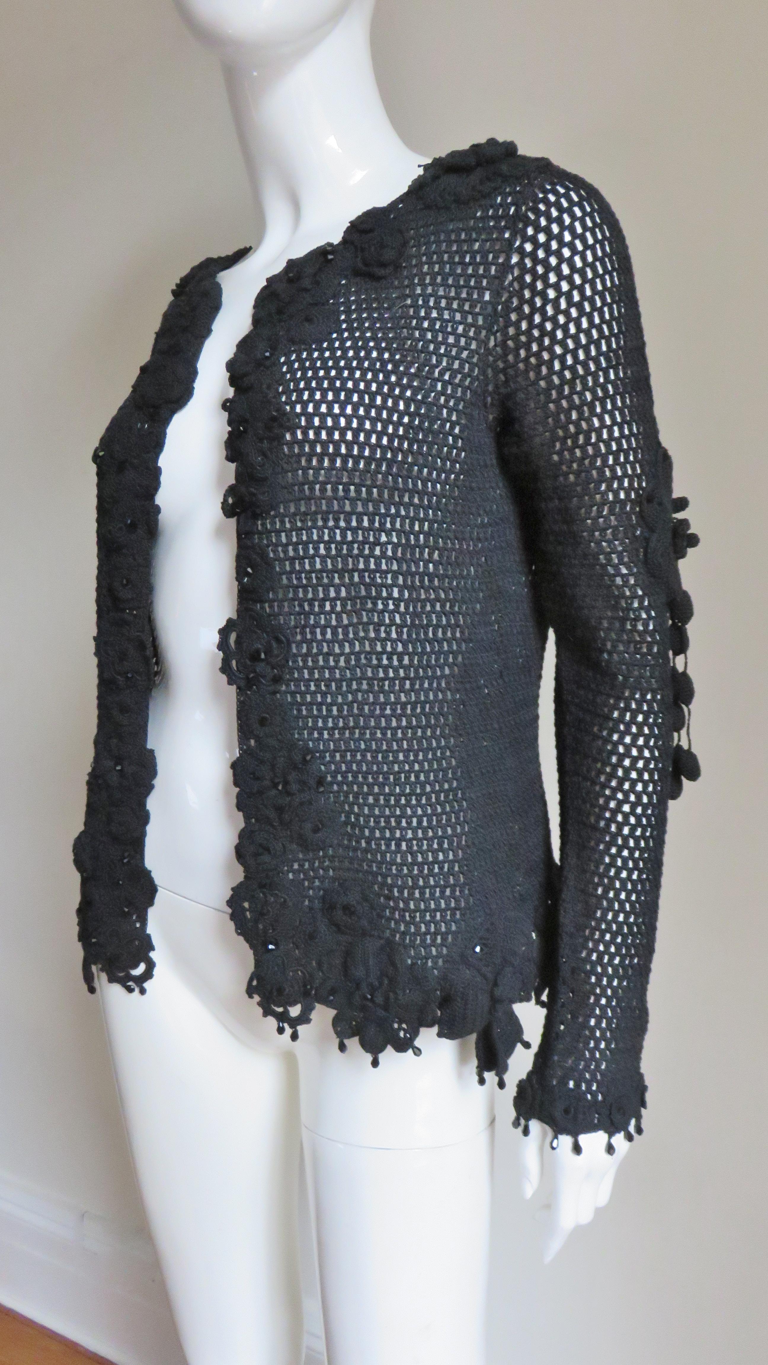 Black Issac Mizrahi New Crochet Cardigan with Appliques and Bead Trim 1990s For Sale