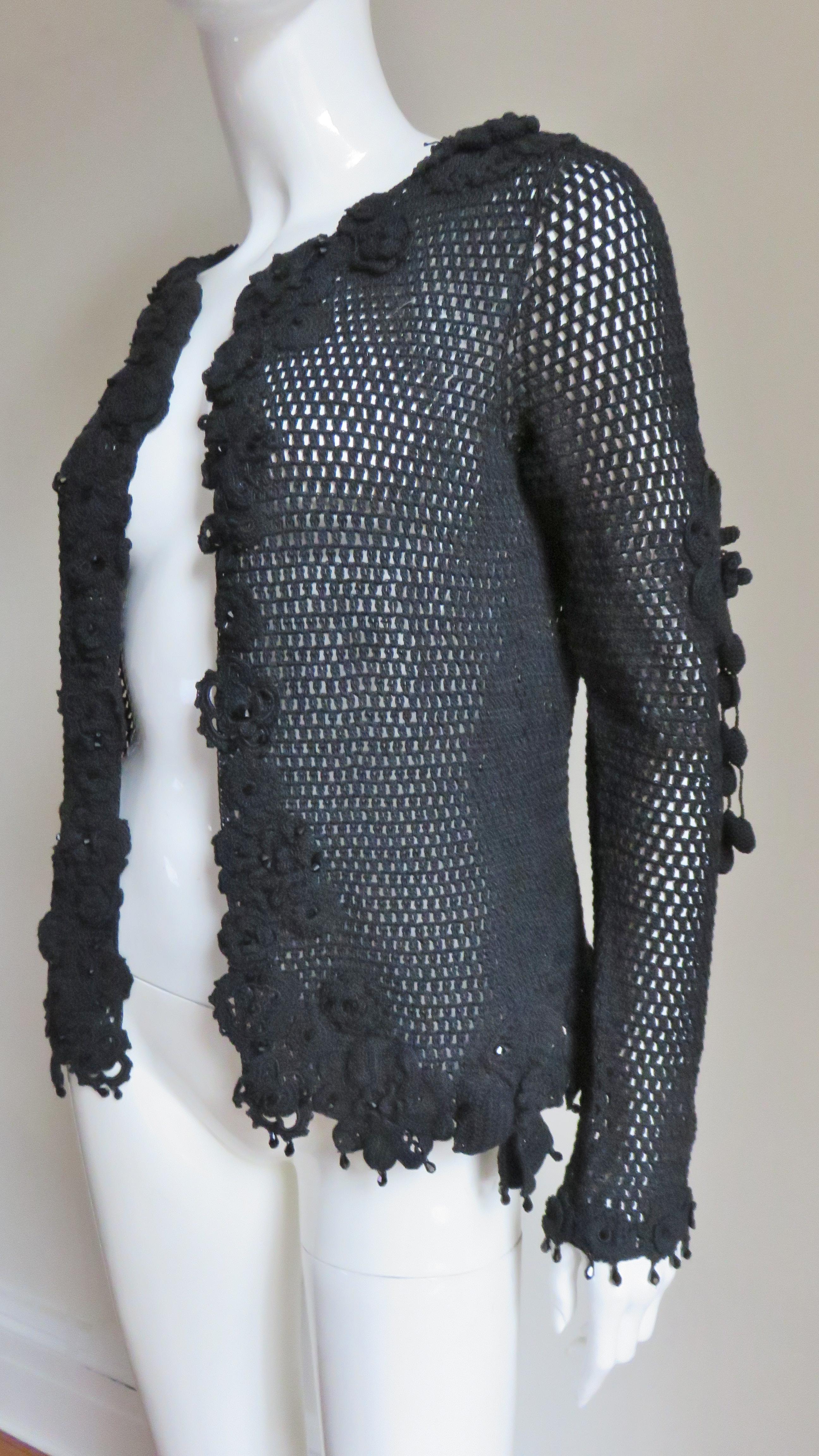 Issac Mizrahi New Crochet Cardigan with Appliques and Bead Trim 1990s In Excellent Condition For Sale In Water Mill, NY