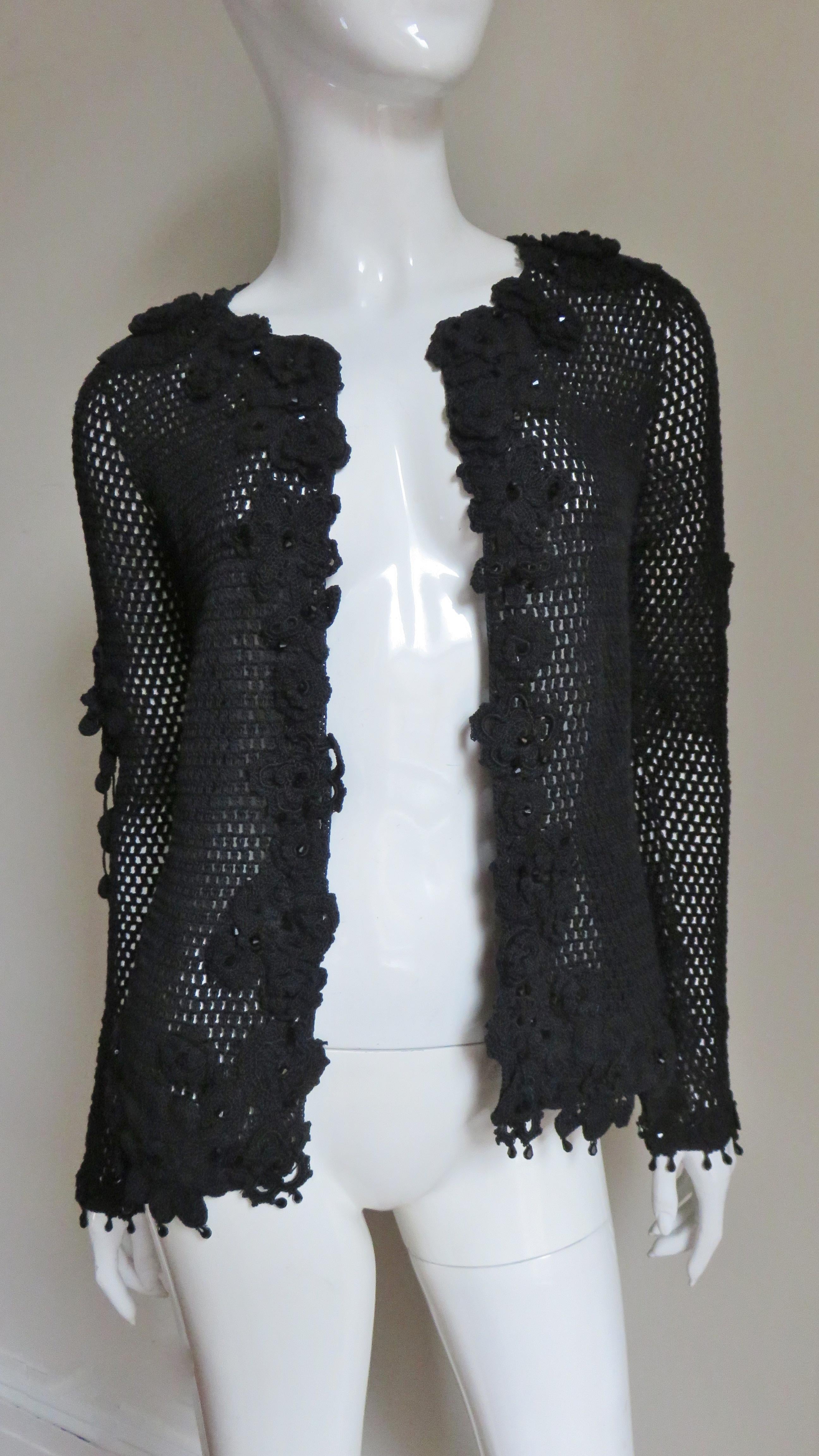 Women's Issac Mizrahi New Crochet Cardigan with Appliques and Bead Trim 1990s For Sale