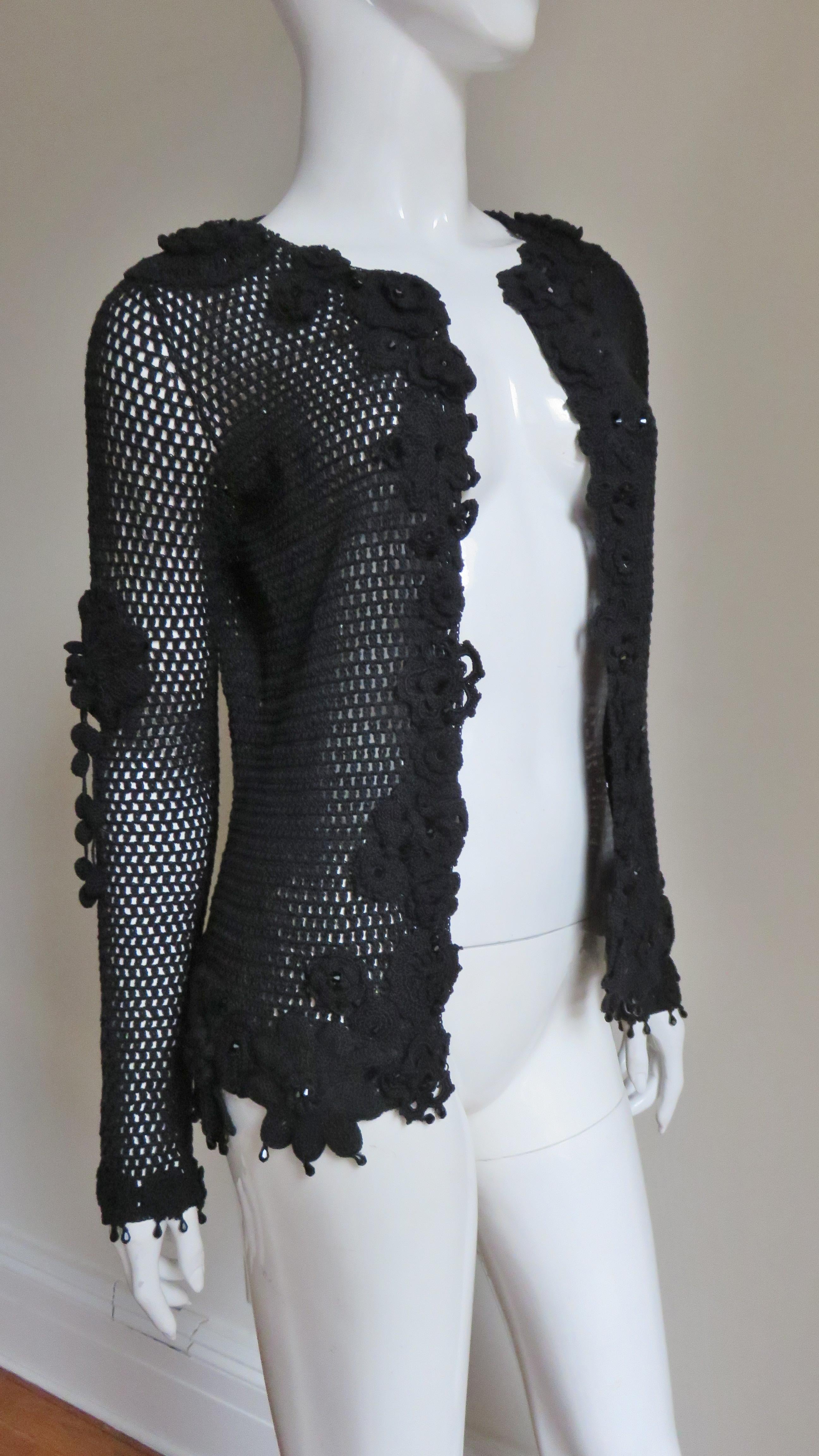Issac Mizrahi New Crochet Cardigan with Appliques and Bead Trim 1990s For Sale 2