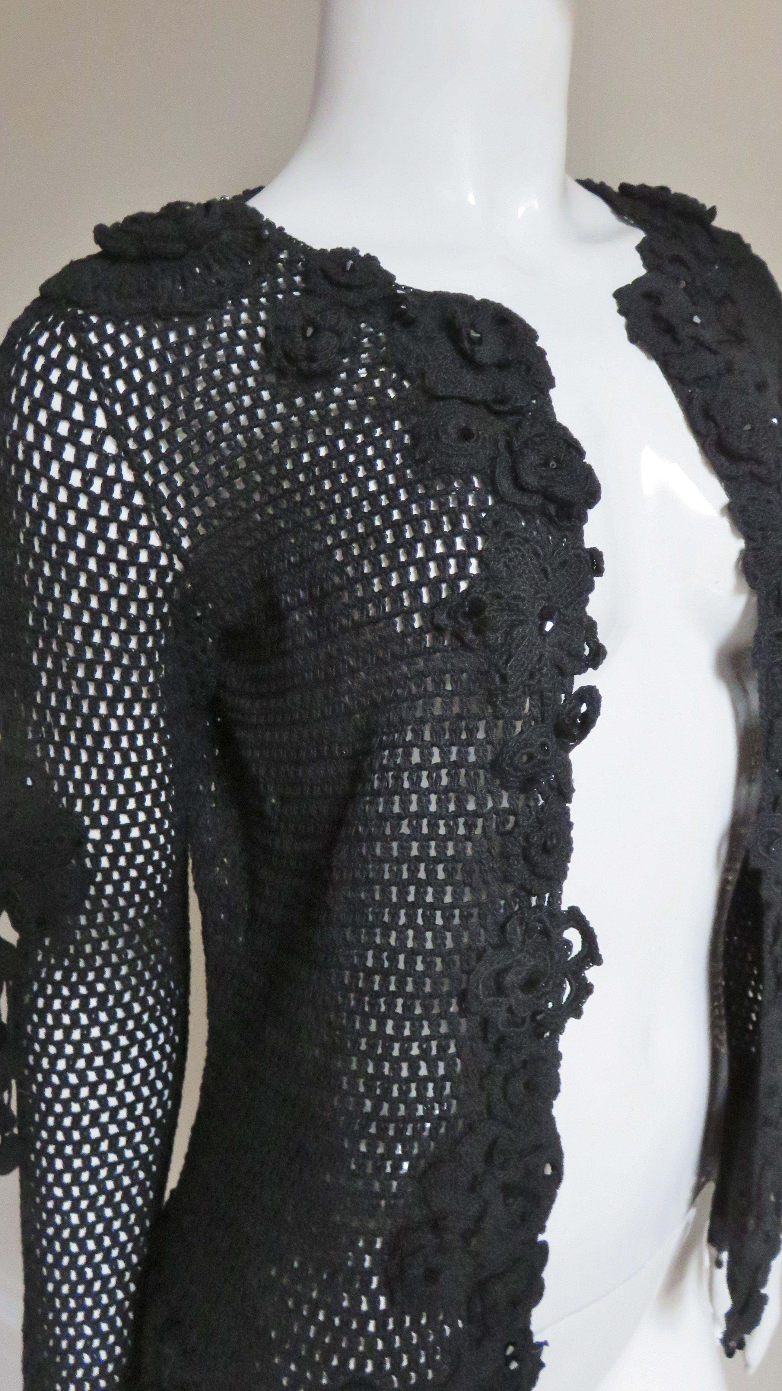Issac Mizrahi New Crochet Cardigan with Appliques and Bead Trim 1990s For Sale 3