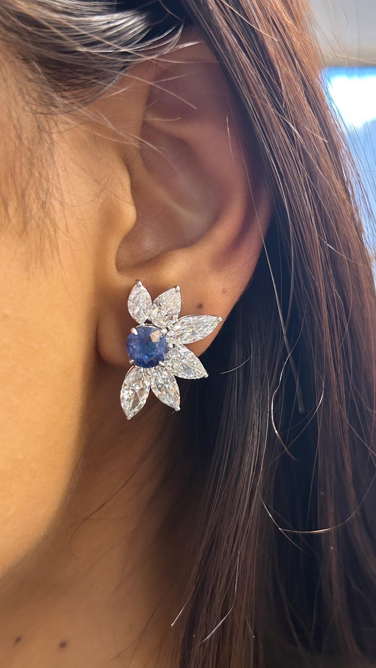 Modern Issac Nussbaum 8.12 Carat Marquise & Pear Sapphire Cashmere Diamond Earrings For Sale