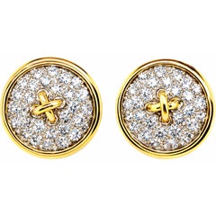 Issac Nussbaum 18 Karat Gold Diamond Button Motif Earrings