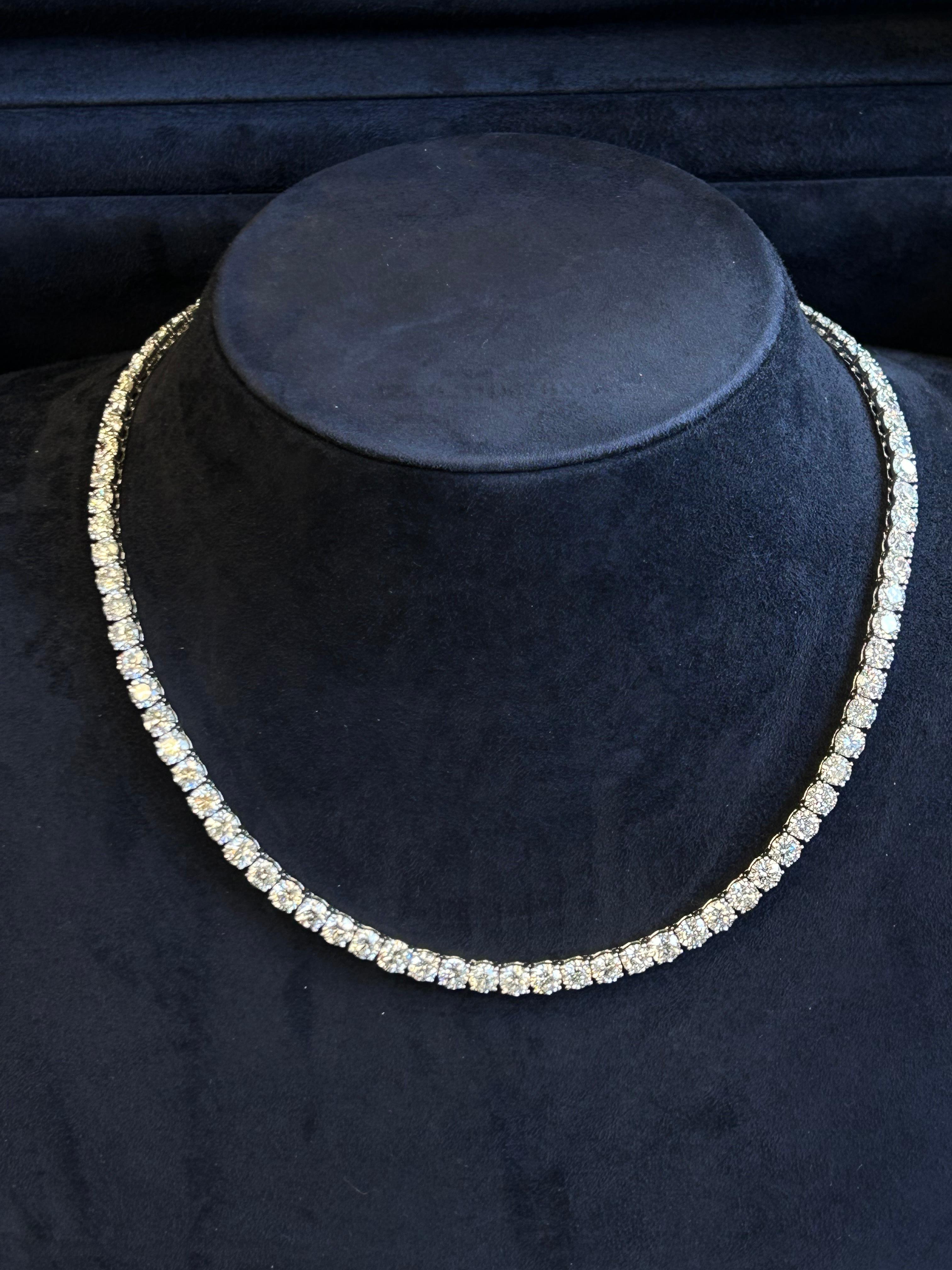Diamond tennis Necklace 
And incredible sophisticated take on the classic diamond straight line tennis necklace.
Say goodbye to the frustrating turning and twisting of your diamond necklace. 
This patented handmade 18karat white gold necklace is