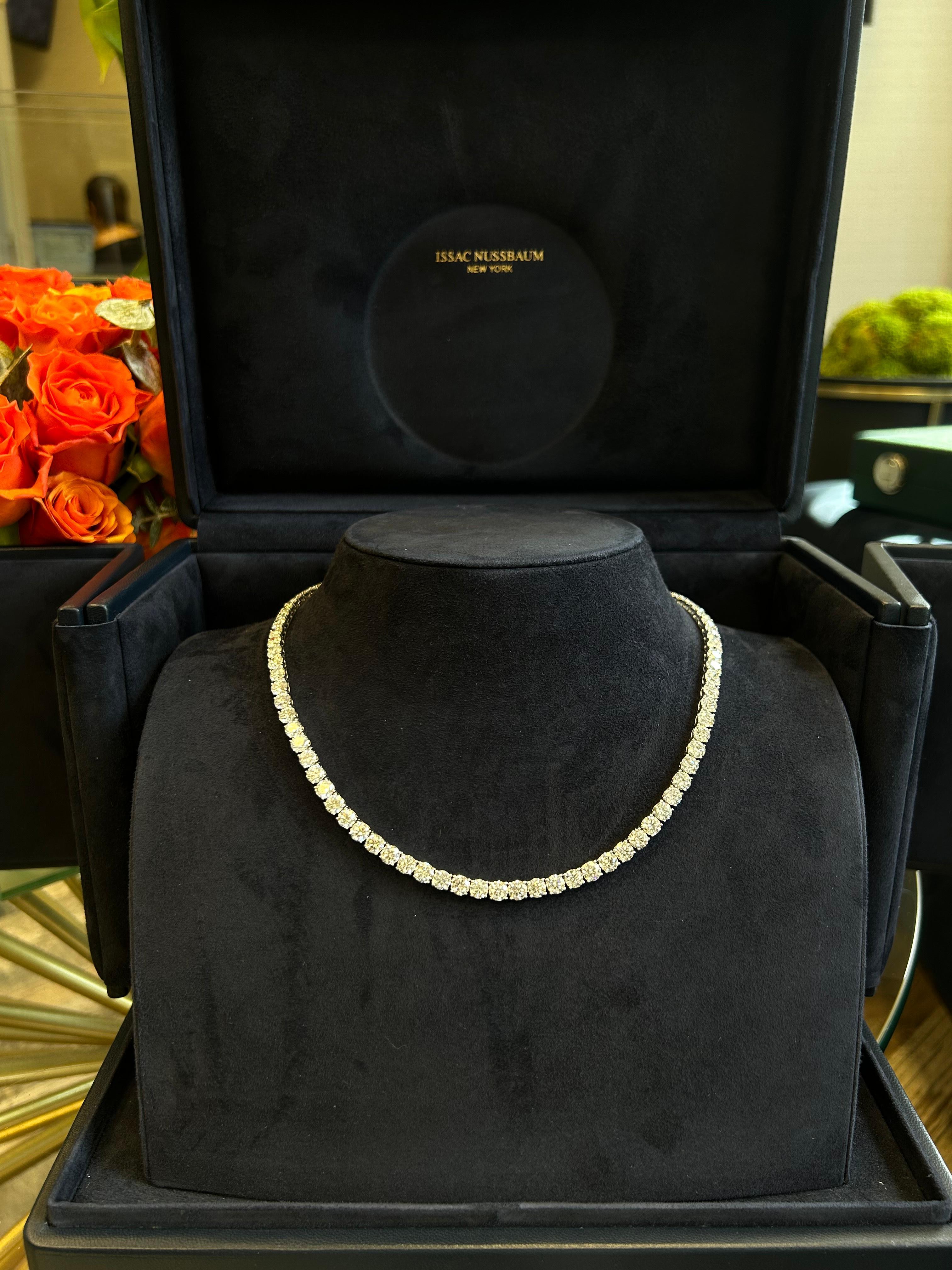 Modern Issac Nussbaum 18K White Gold 40.87 Carat Round Diamond Tennis Necklace For Sale