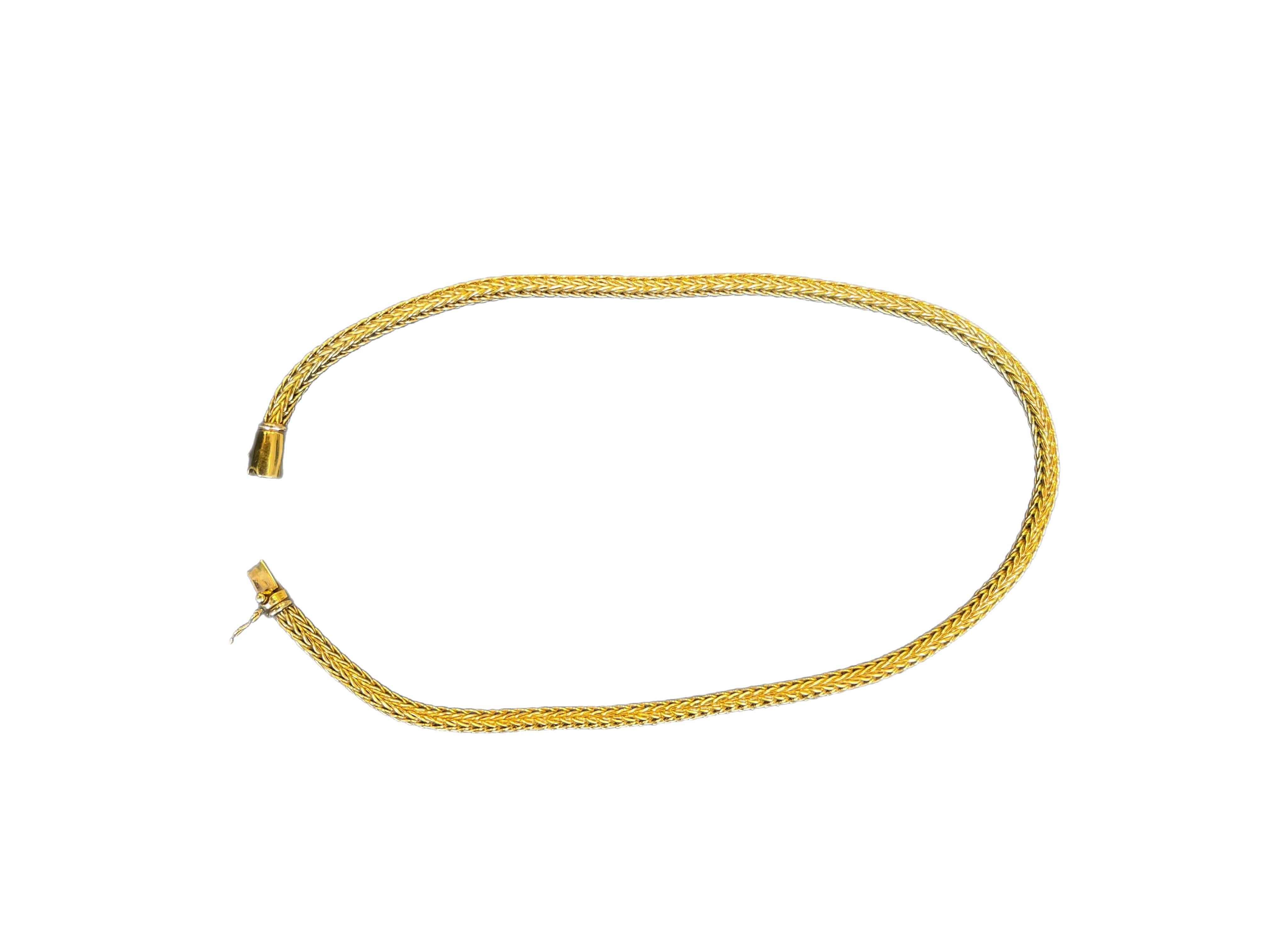 Marvelous workmanship, is showcased in this handmade Italian 18 karat yellow gold foxtail style woven necklace. Weighing an impressive 75 Grams of gold with a 6 mm thickness.
Finley crafted with a silky feel its as comfortable as it is pretty.


All