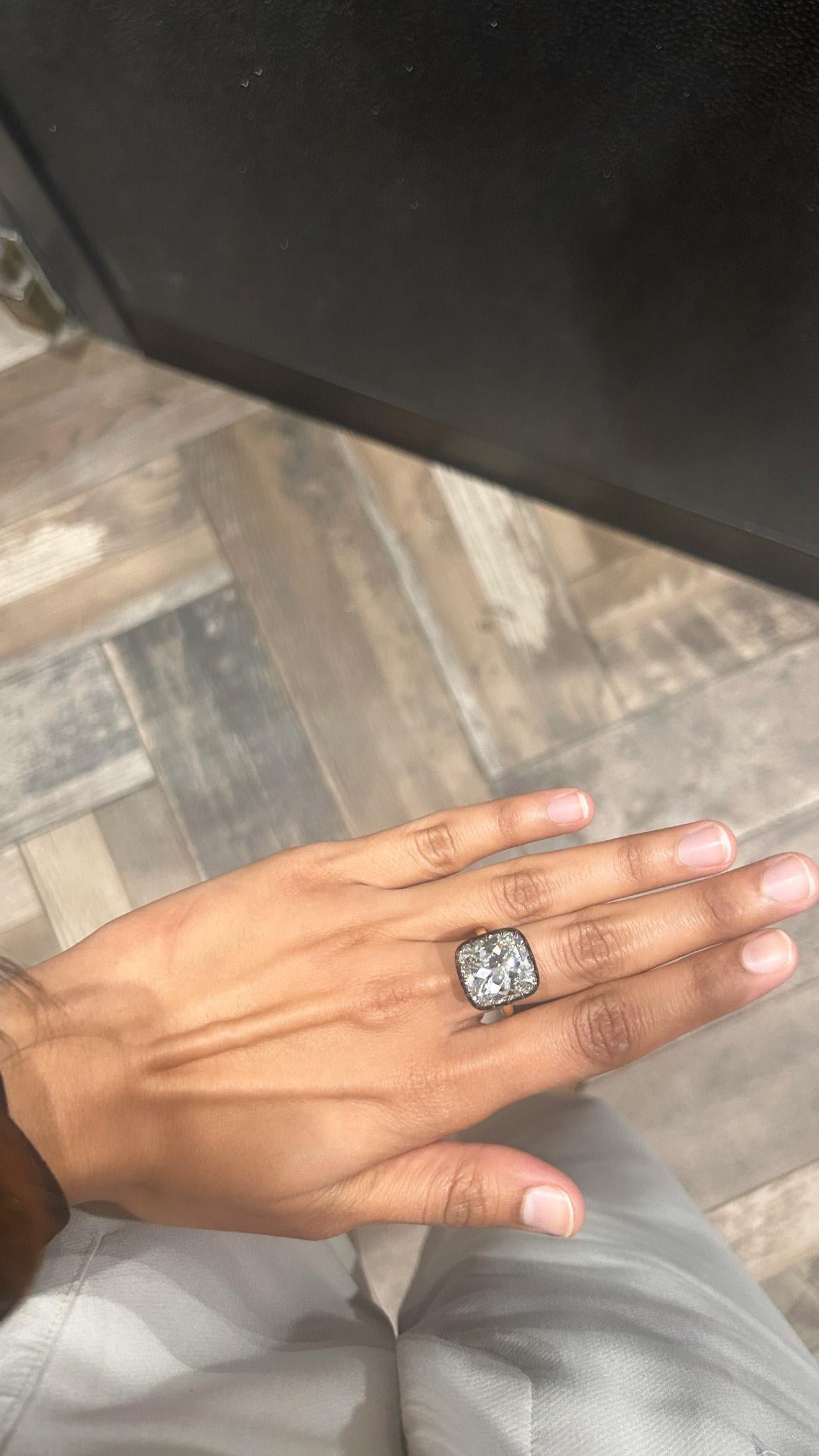 Antique Cushion Cut Issac Nussbaum GIA Certified 16.30 Carat 18K Black & YG Antique Cushion Ring For Sale