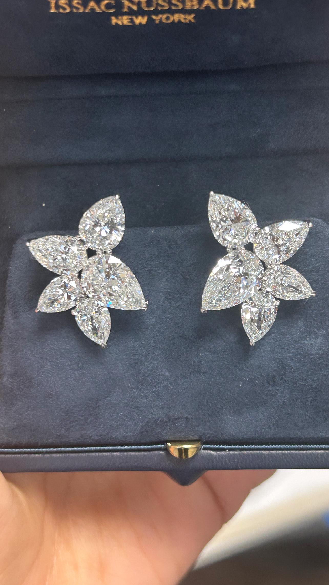 Pear Cut Issac Nussbaum Gia Certified 16.38 Carat Platinum Cluster Diamond Earrings For Sale