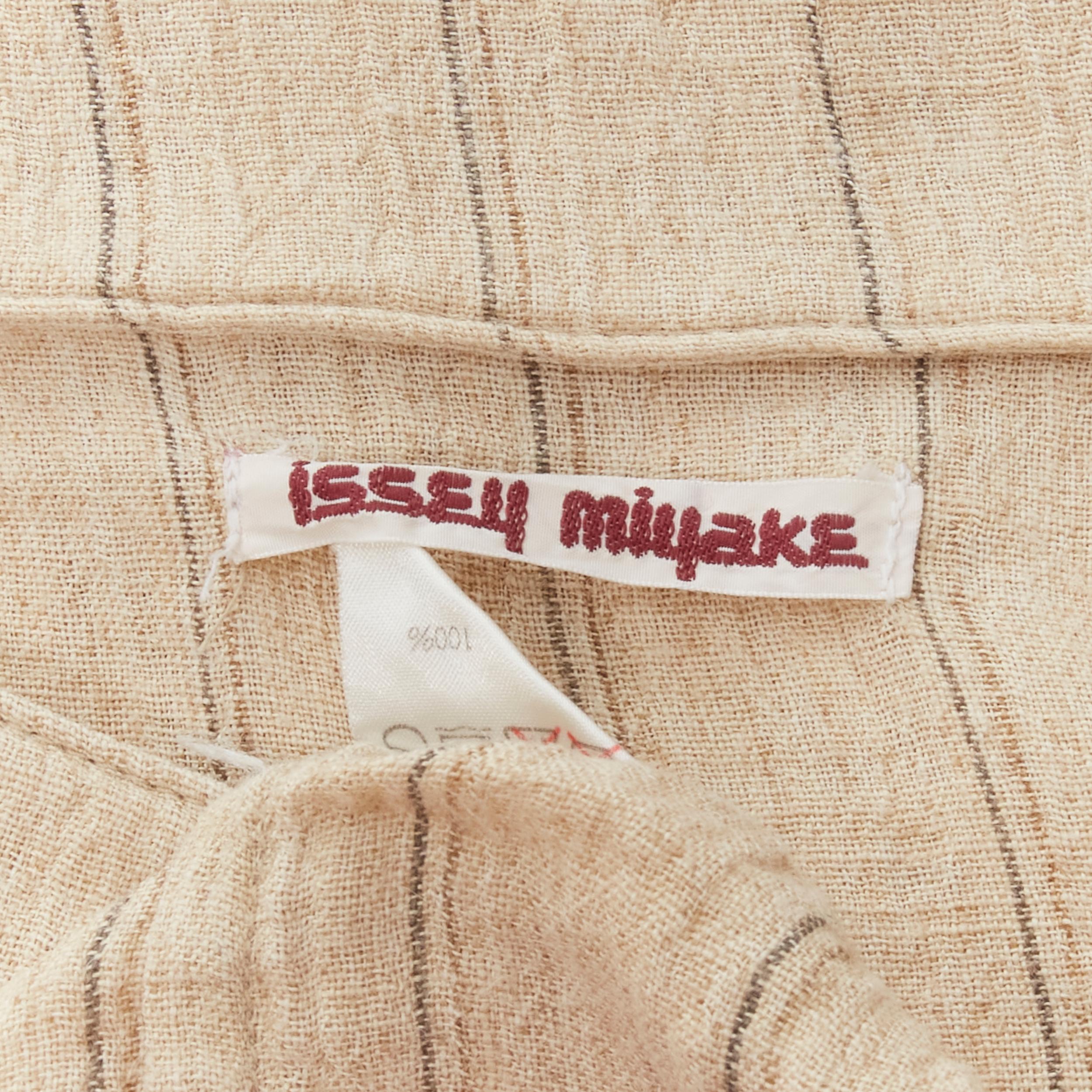 ISSEY MIYAKE 1980s beige striped linen asymmetric ruffle collar top S For Sale 4