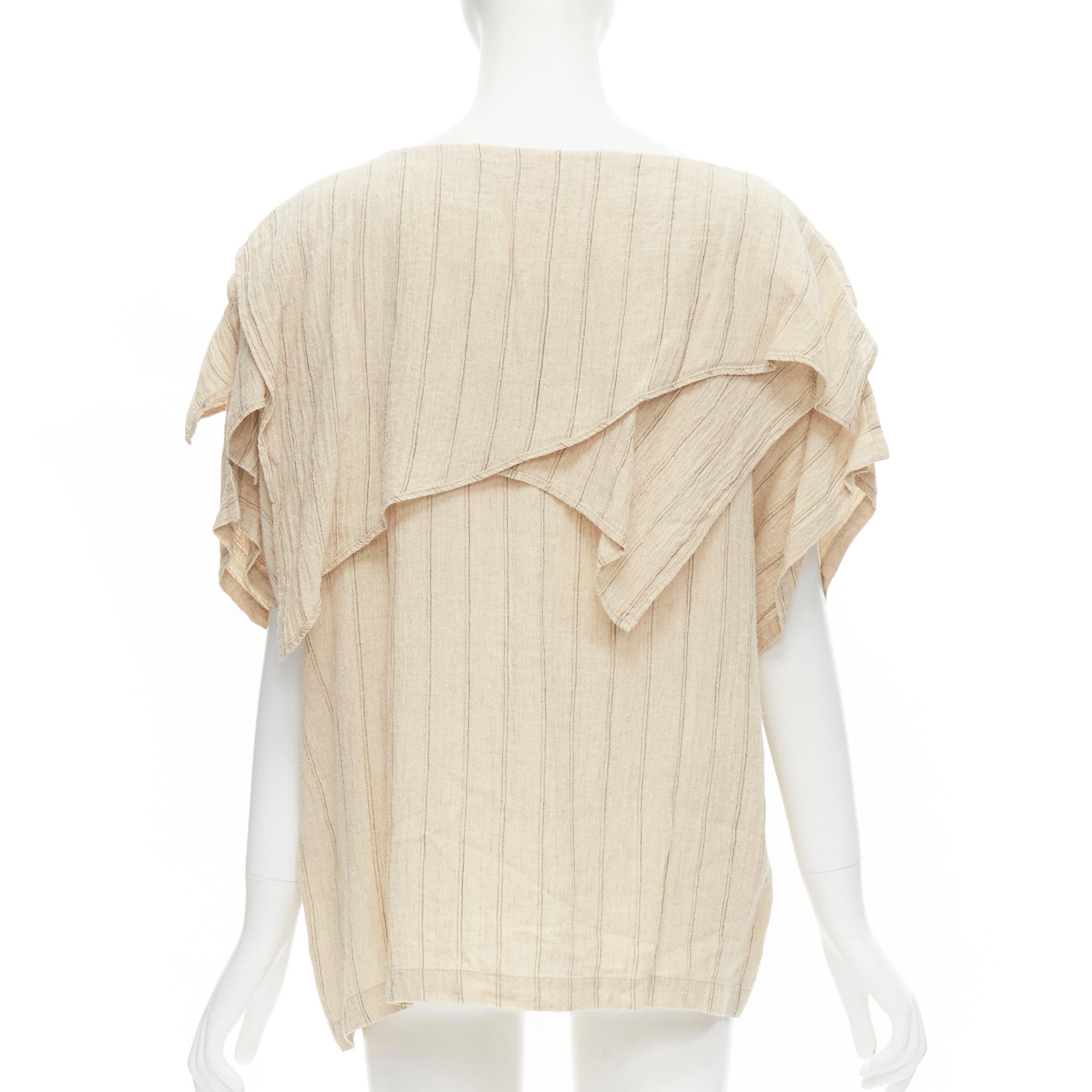 ISSEY MIYAKE 1980s beige striped linen asymmetric ruffle collar top S In Excellent Condition For Sale In Hong Kong, NT