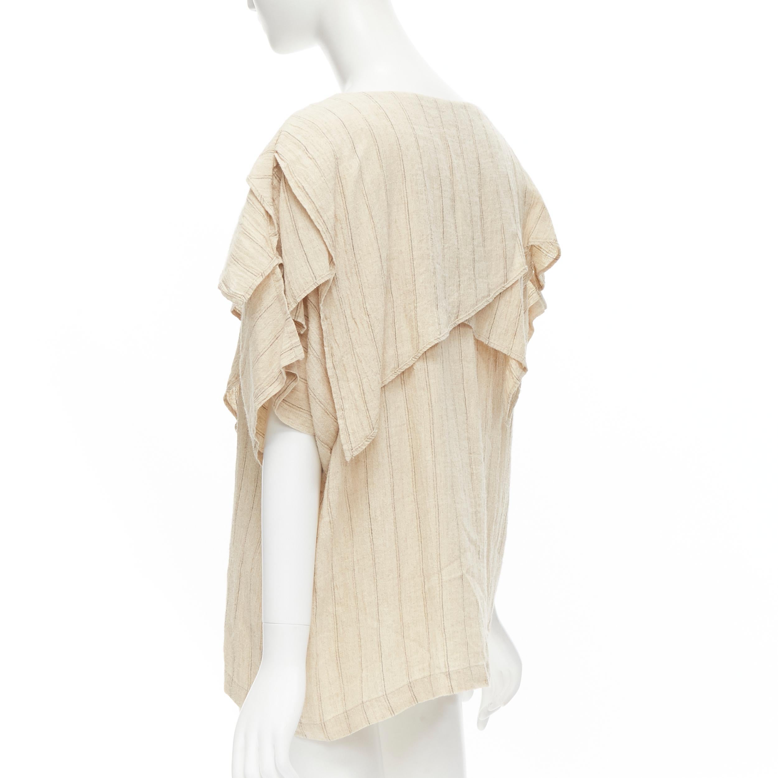 Women's ISSEY MIYAKE 1980s beige striped linen asymmetric ruffle collar top S For Sale