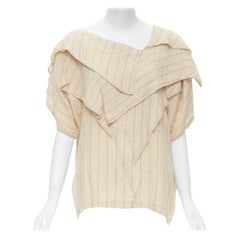 ISSEY MIYAKE 1980s beige striped linen asymmetric ruffle collar top S