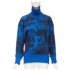 Issey Miyake - Pull à col roulé imprimé illustration bleue et noire, taille M, années 1980