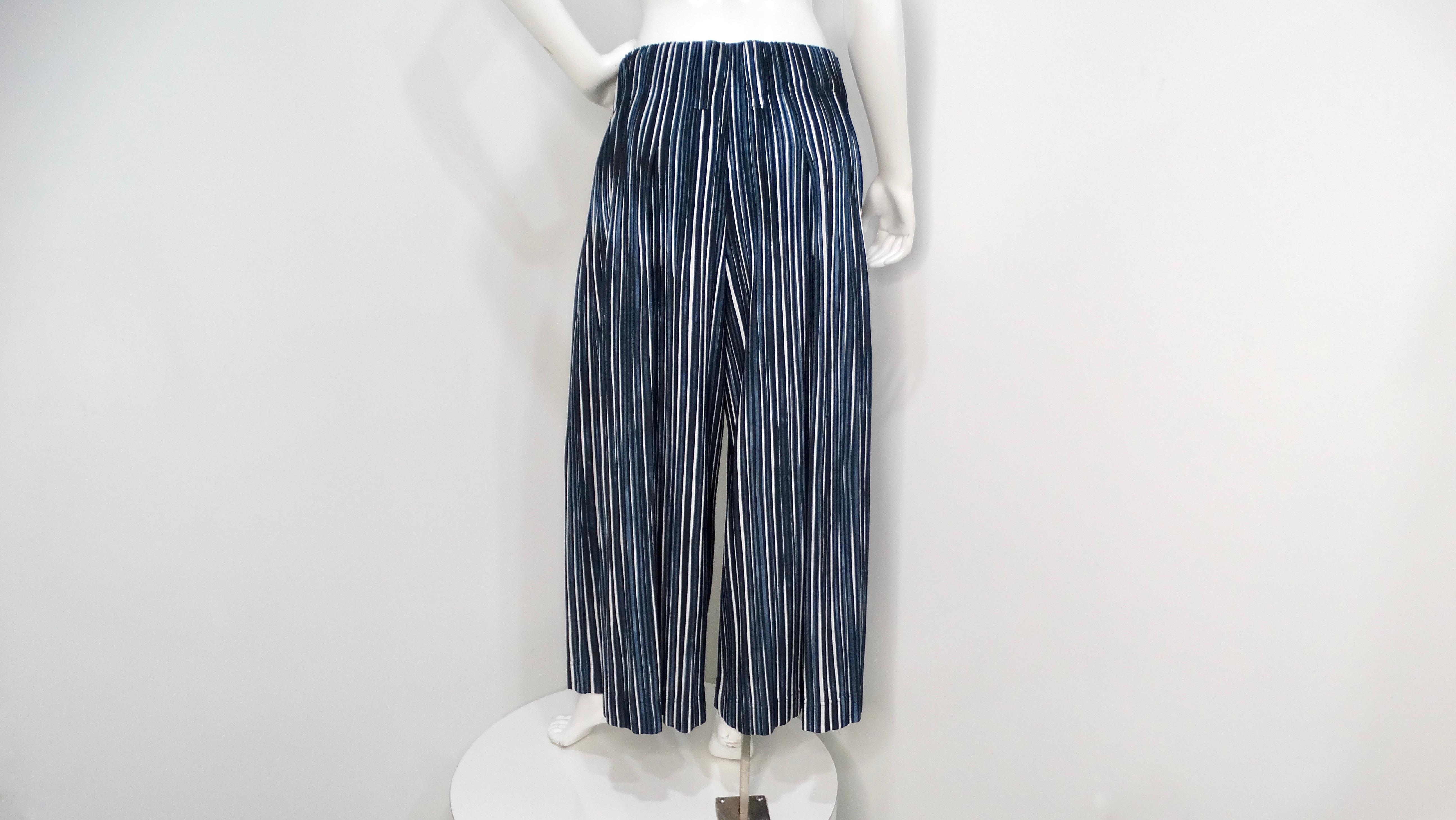 Women's or Men's Issey Miyake 1980s Homme Plisse Navy Striped Wide-Leg Pants For Sale