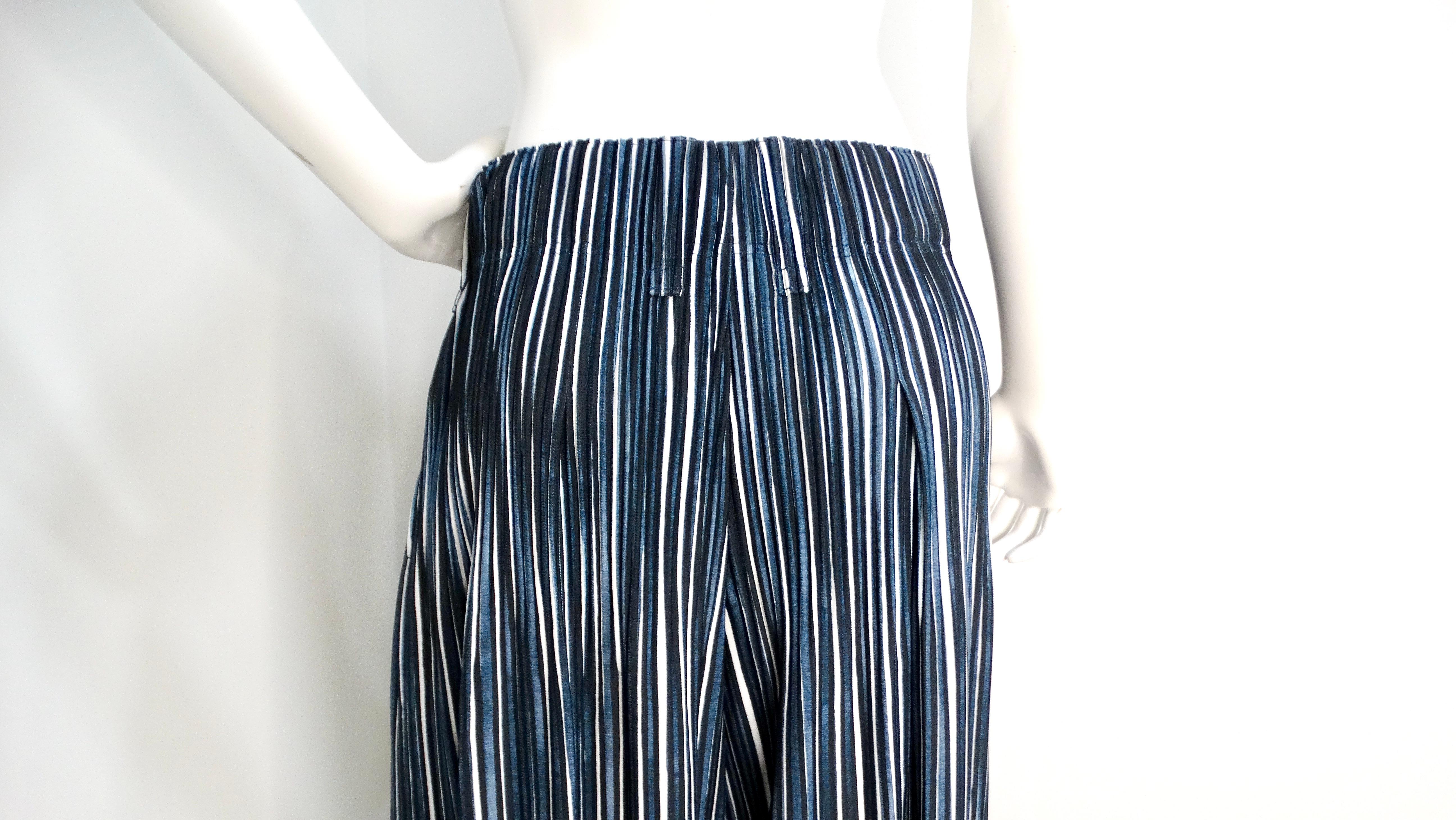 Issey Miyake 1980s Homme Plisse Navy Striped Wide-Leg Pants For Sale 1