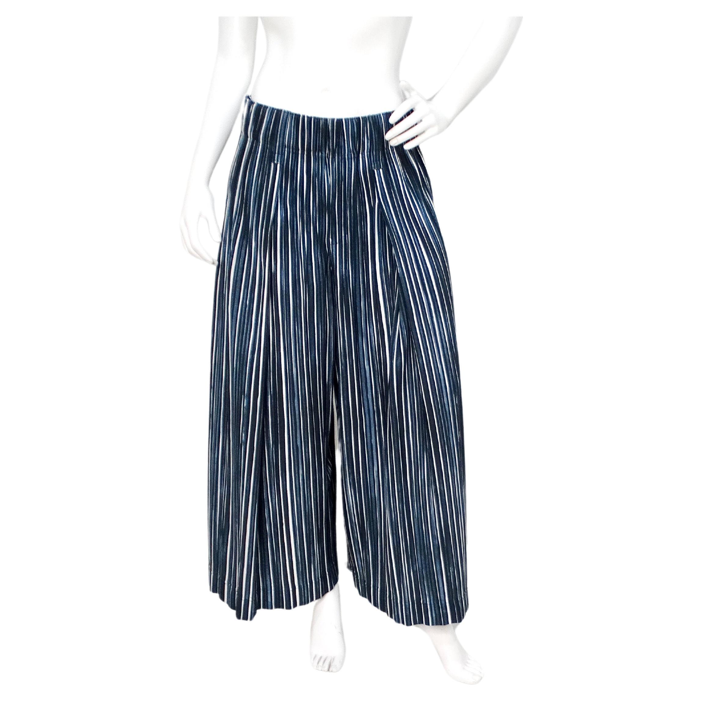 Issey Miyake 1980s Homme Plisse Navy Striped Wide-Leg Pants For Sale