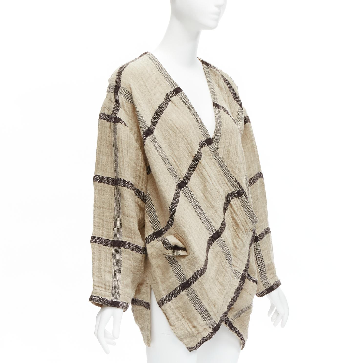 Brown ISSEY MIYAKE 1980s Vintage beige black wrap front oversized crinkle coat JP9 For Sale