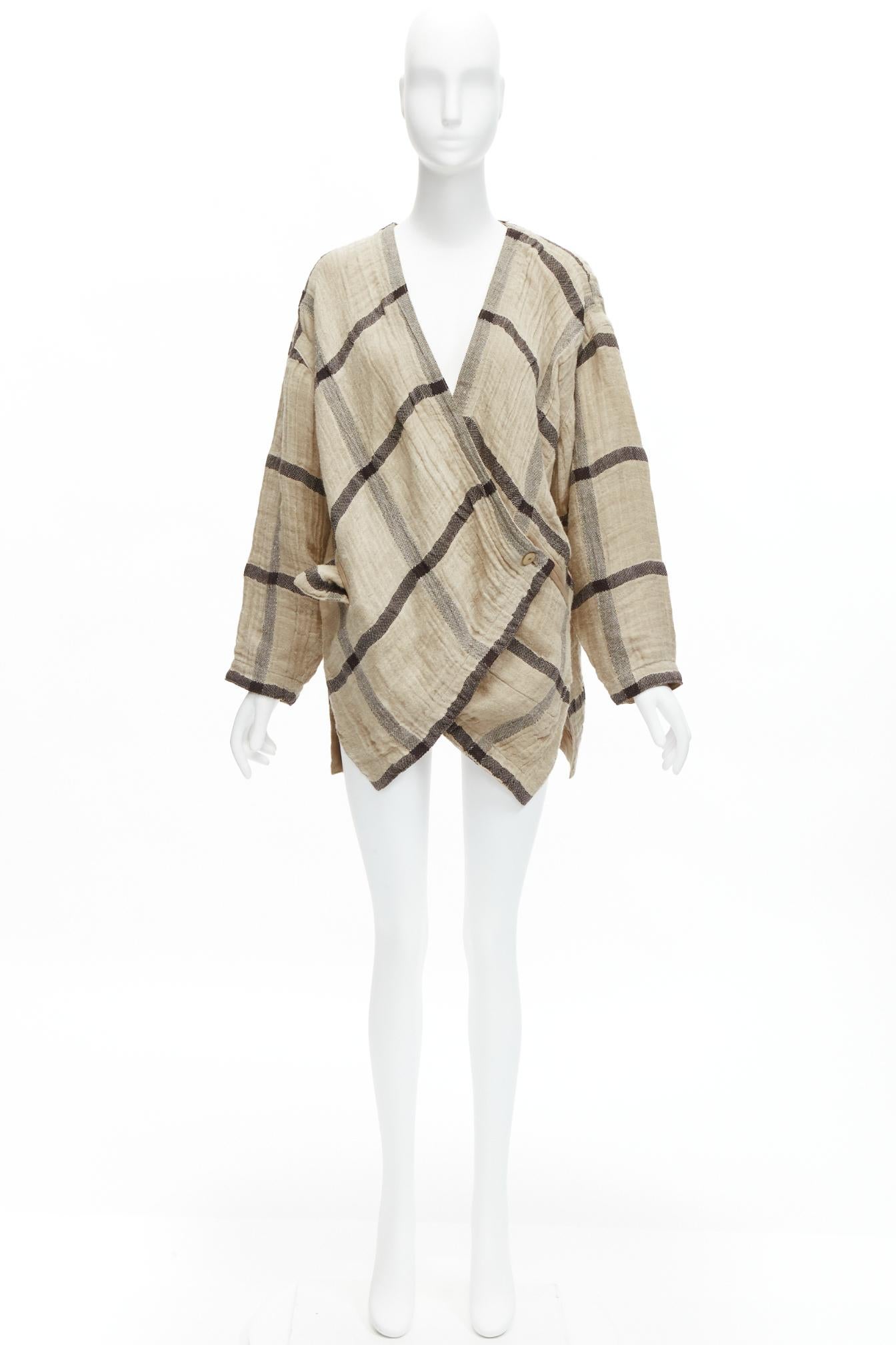 ISSEY MIYAKE 1980s Vintage beige  check wrap front oversized crinkle coat JP9 For Sale 4