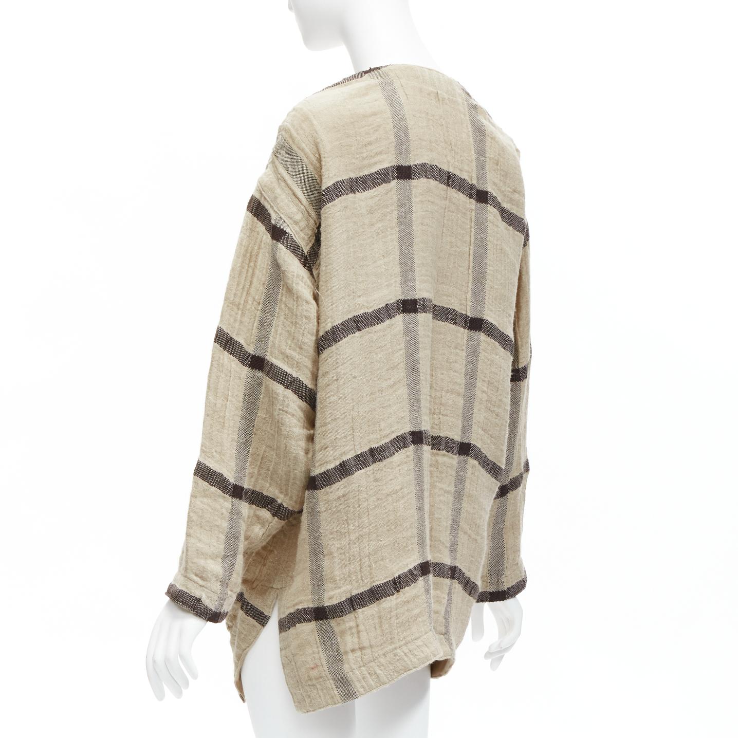 ISSEY MIYAKE 1980s Vintage beige  check wrap front oversized crinkle coat JP9 In Good Condition For Sale In Hong Kong, NT