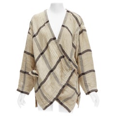 ISSEY MIYAKE 1980s Vintage beige  check wrap front oversized crinkle coat JP9