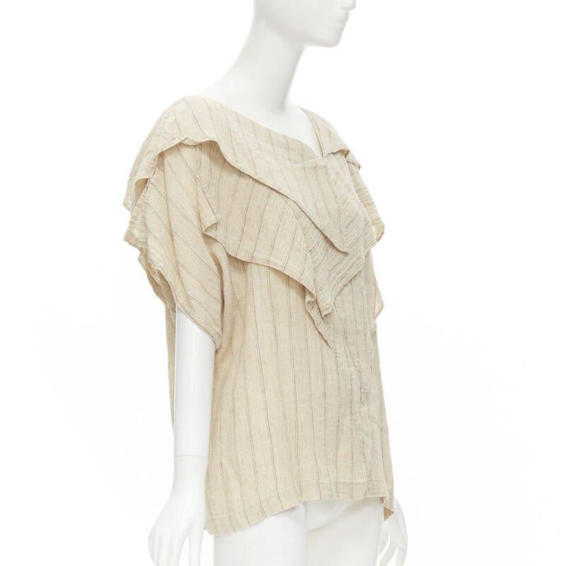 Beige ISSEY MIYAKE 1980's Vintage beige striped linen waterfall ruffle top S Rare For Sale