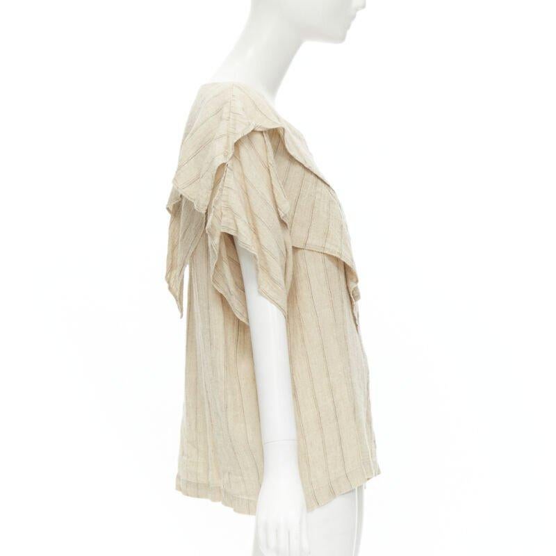 ISSEY MIYAKE 1980's Vintage beige striped linen waterfall ruffle top S Rare In Excellent Condition For Sale In Hong Kong, NT