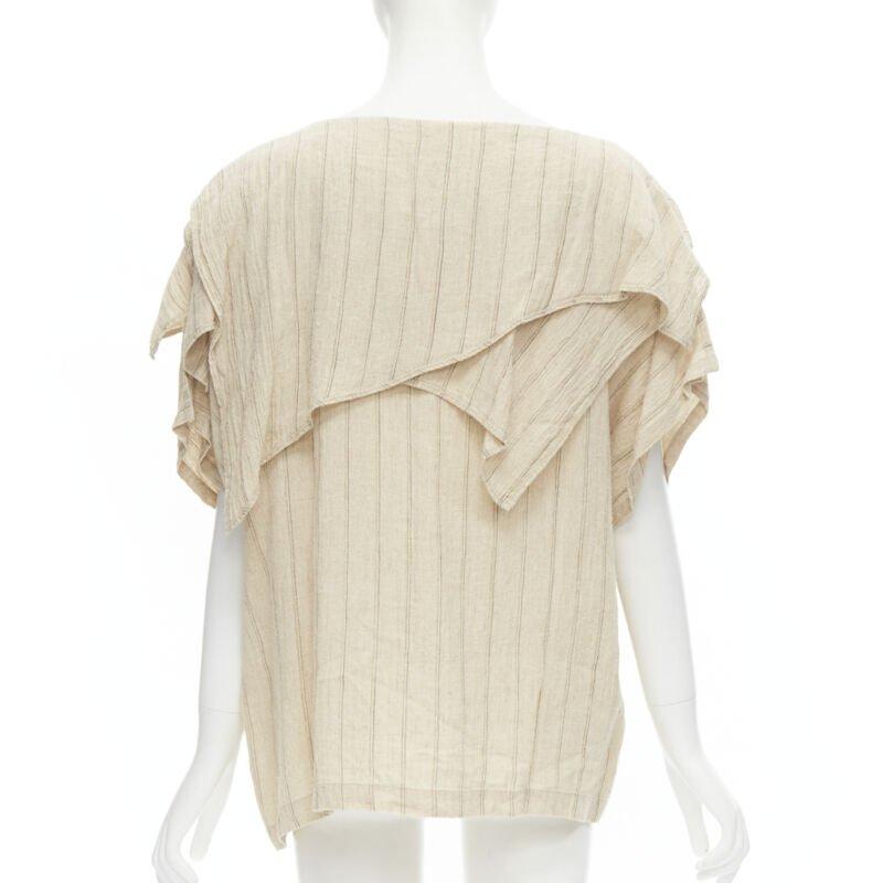 Women's ISSEY MIYAKE 1980's Vintage beige striped linen waterfall ruffle top S Rare For Sale