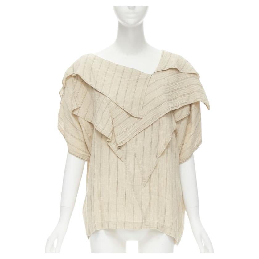 ISSEY MIYAKE 1980's Vintage beige striped linen waterfall ruffle top S Rare For Sale