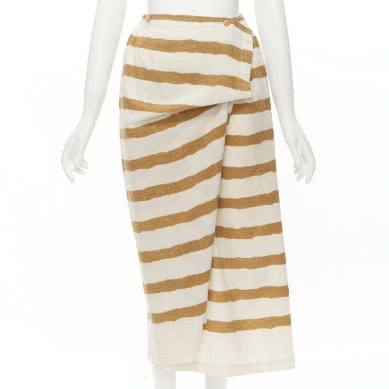 ISSEY MIYAKE 1980's Vintage beige jaune tribal stripe boxy top skirt set en vente 5