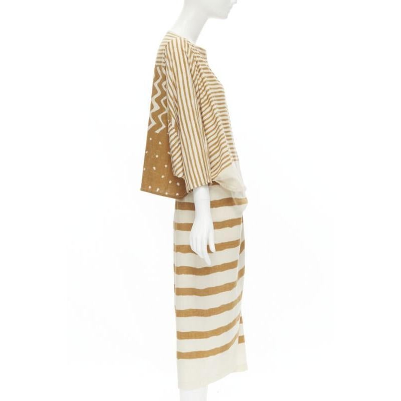 Beige ISSEY MIYAKE 1980's Vintage beige jaune tribal stripe boxy top skirt set en vente