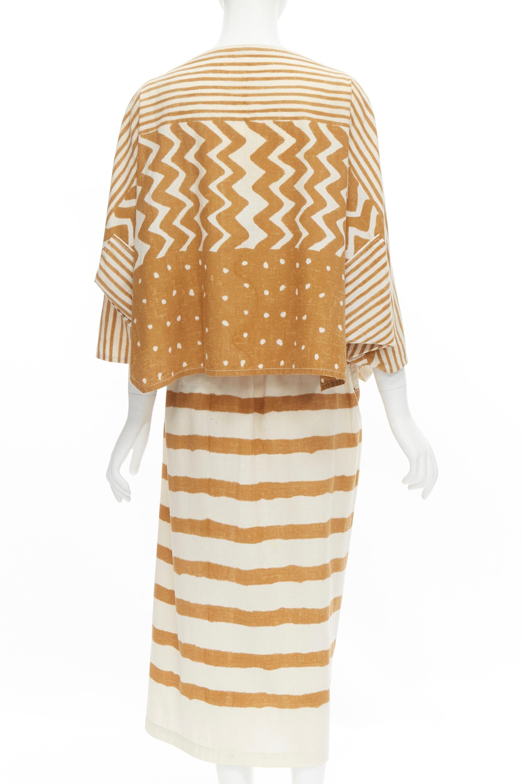 Beige ISSEY MIYAKE 1980's Vintage beige yellow tribal stripe boxy top skirt set For Sale