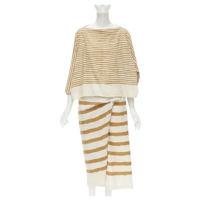 Issey Miyake 1980 Vintage beige giallo a strisce tribali, top boxy e gonna